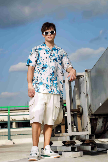 Off White Abstract Print Cuban Collar Relaxed Fit Resort Shirt