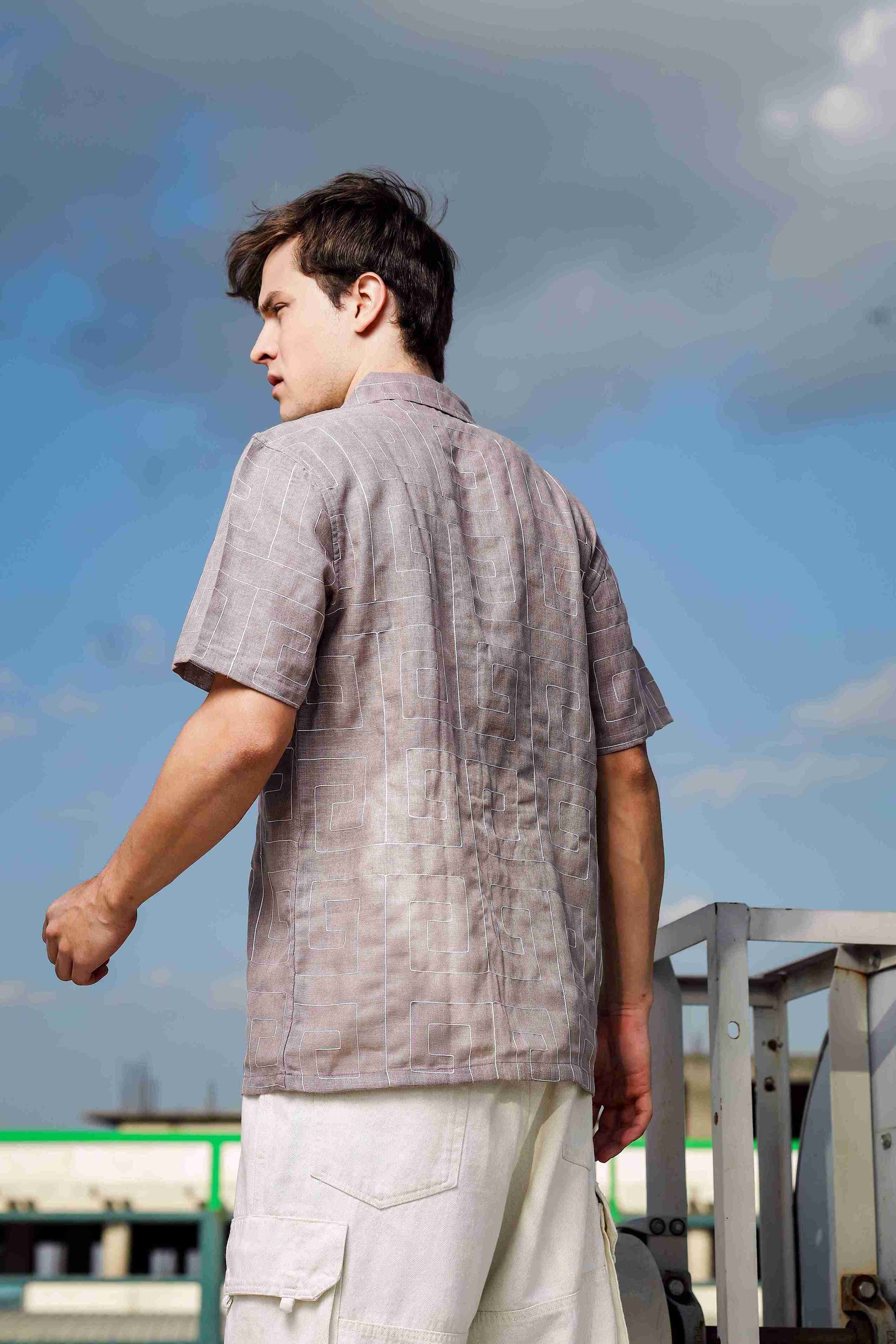 Beige Linen Blend Embroidered Korean Notched Lapel Collar Oversized Fit Shirt