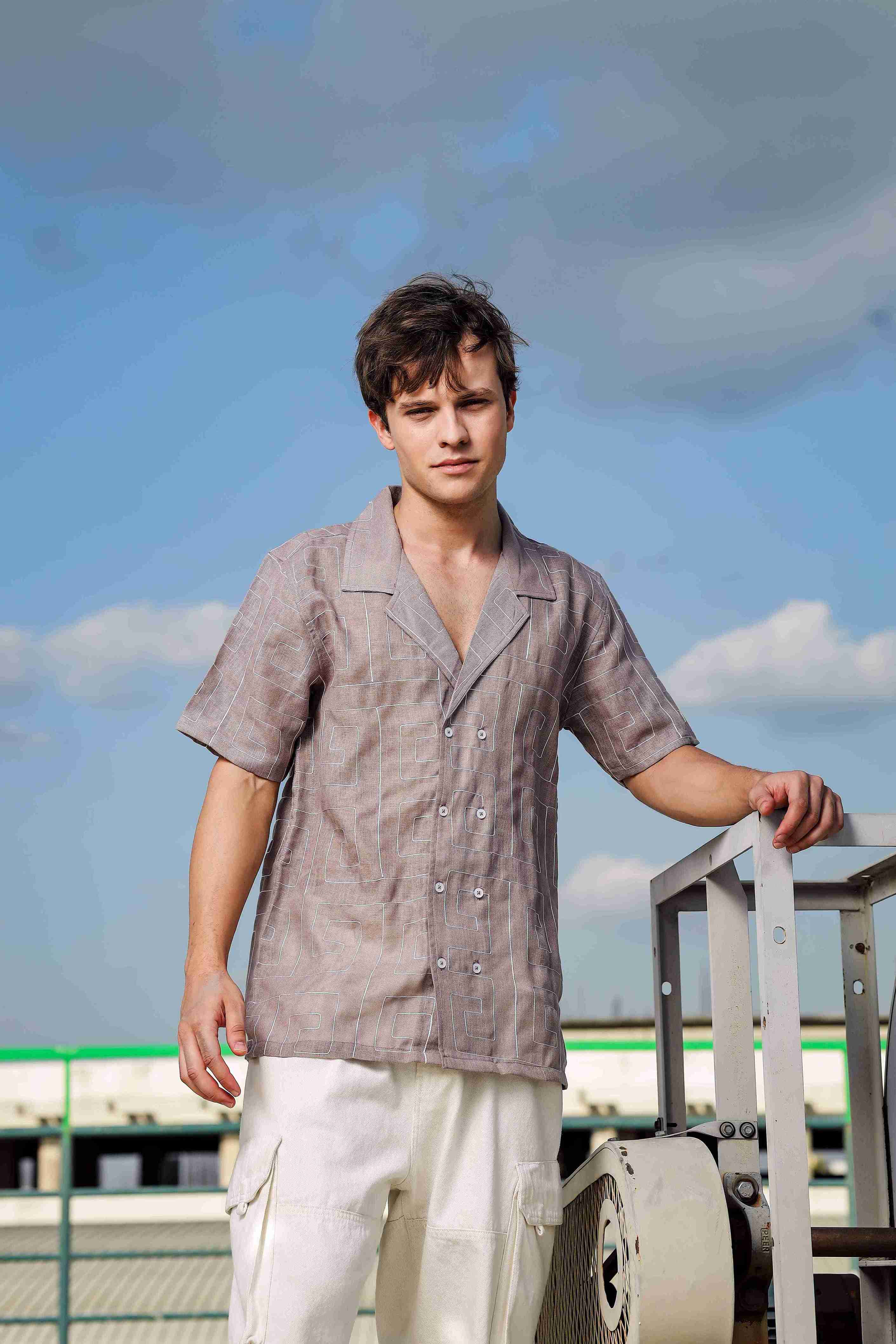 Beige Linen Blend Embroidered Korean Notched Lapel Collar Oversized Fit Shirt