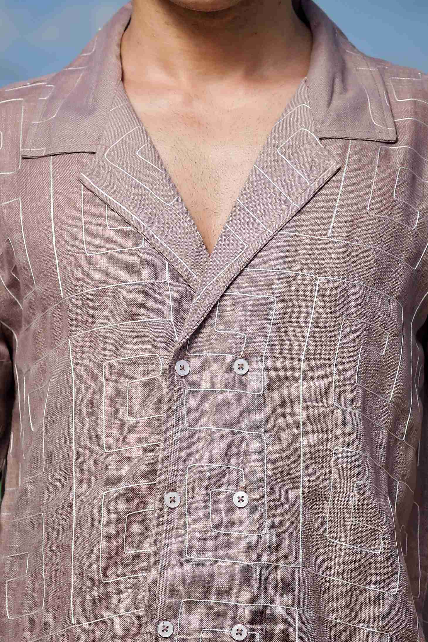 Beige Linen Blend Embroidered Korean Notched Lapel Collar Oversized Fit Shirt