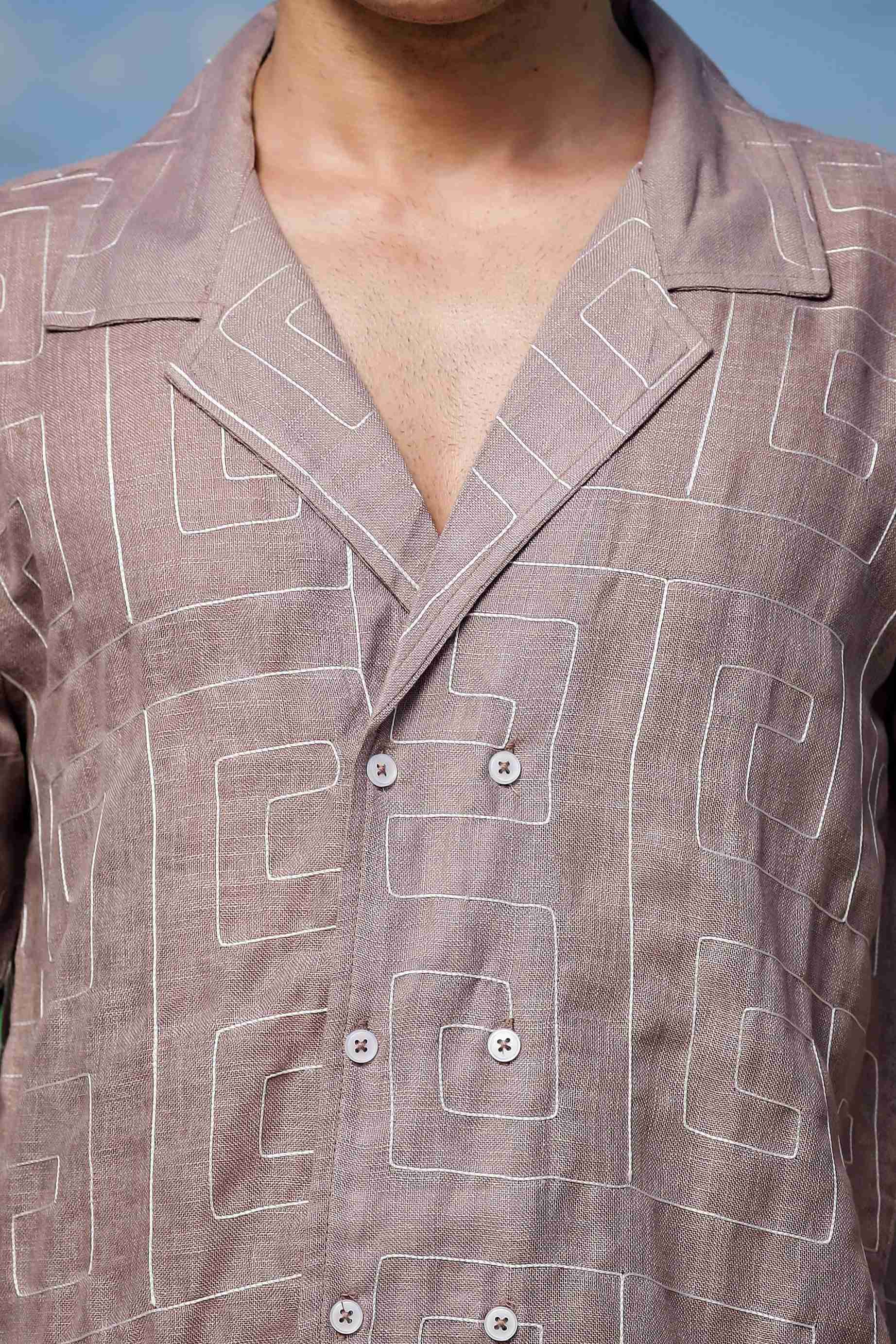Beige Linen Notched Lapel Shirt & All Day Lounge Pants Embroidered Co-ord Set