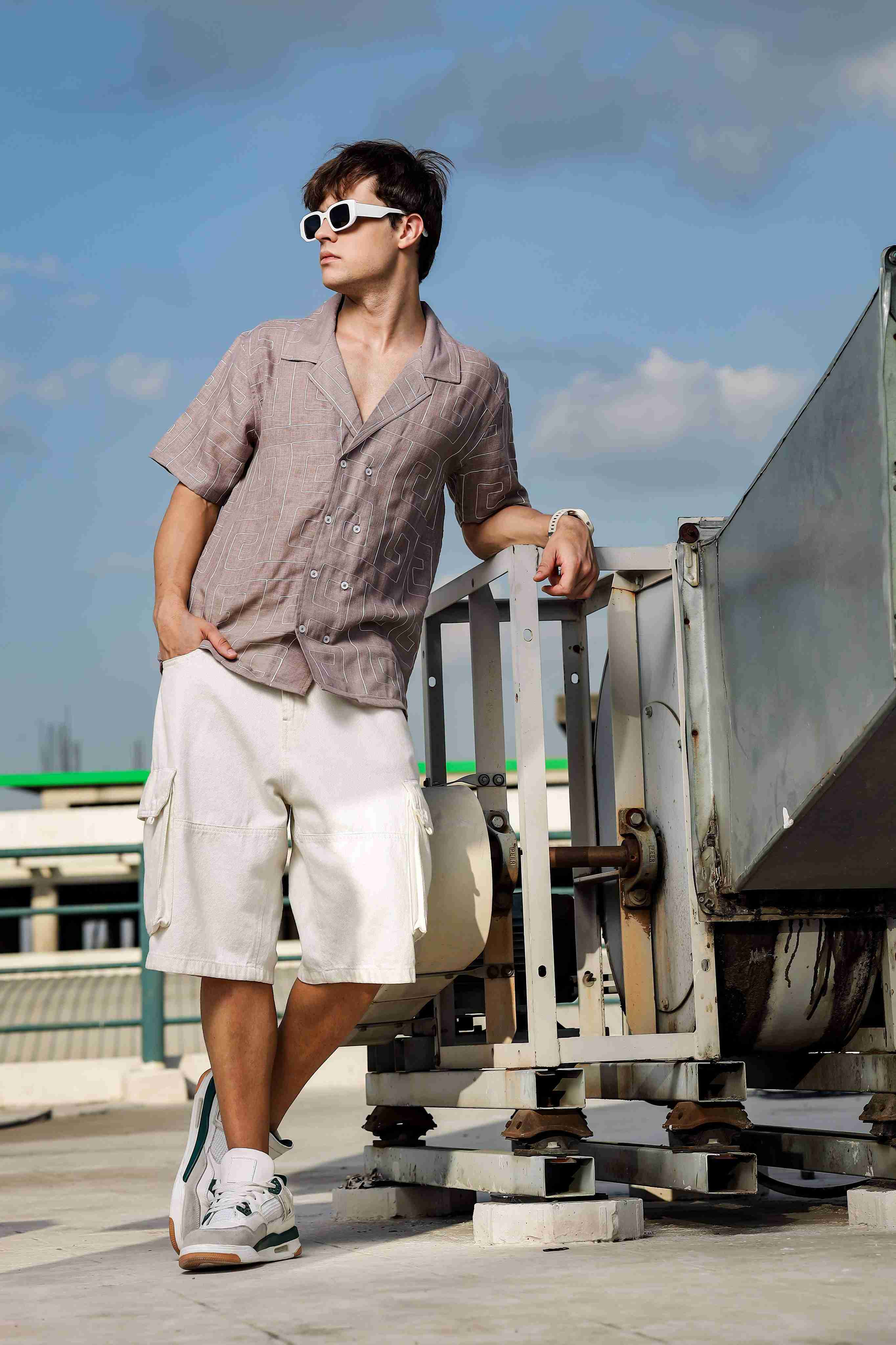 Beige Linen Blend Embroidered Korean Notched Lapel Collar Oversized Fit Shirt