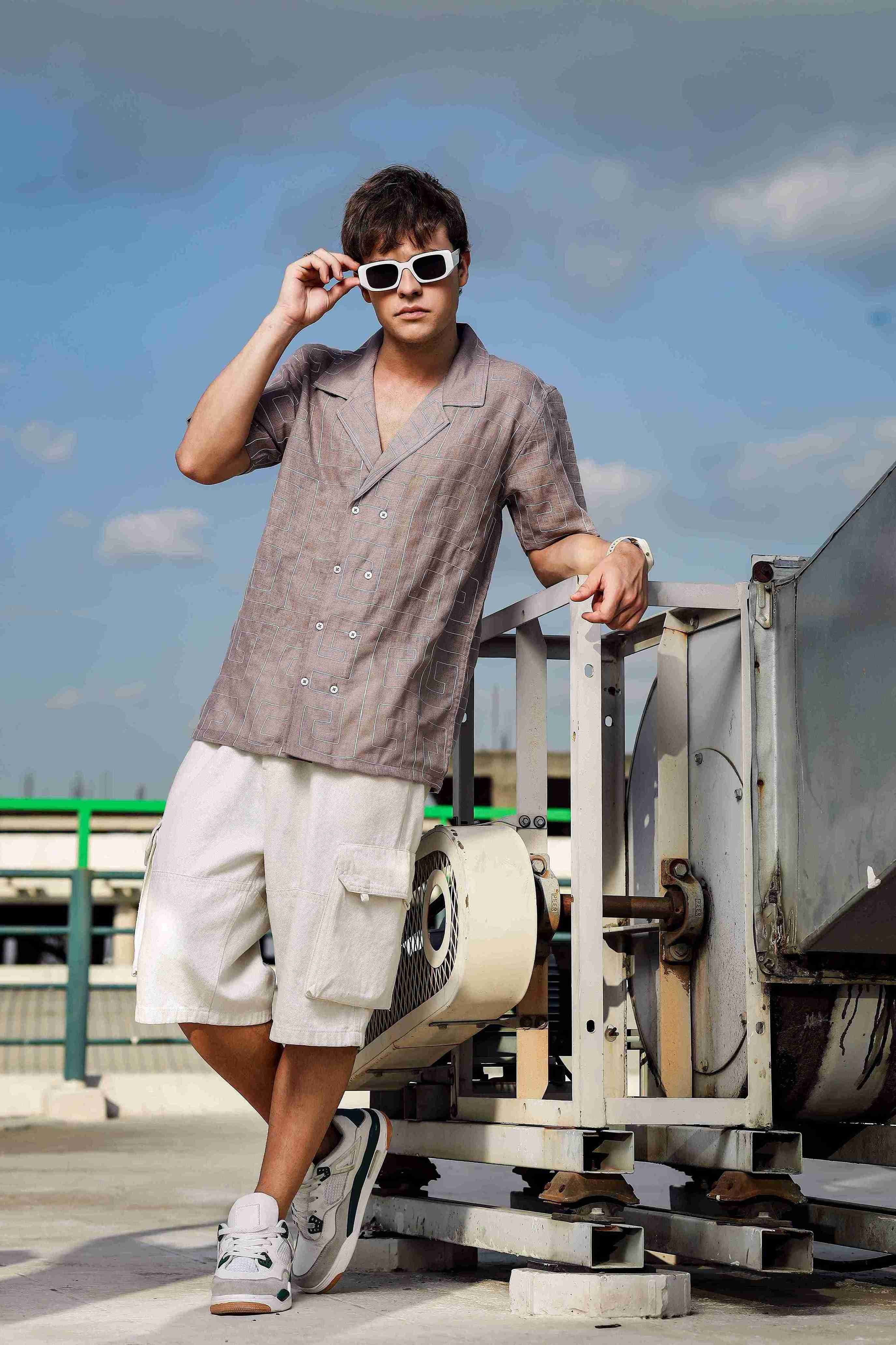 Beige Linen Blend Embroidered Korean Notched Lapel Collar Oversized Fit Shirt