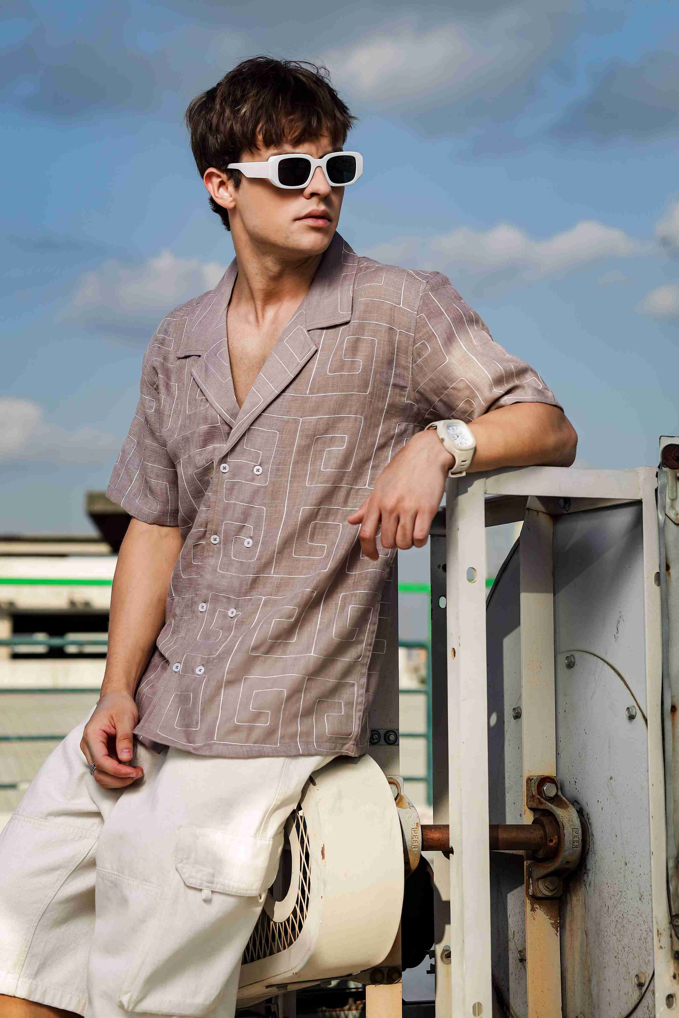 Beige Linen Blend Embroidered Korean Notched Lapel Collar Oversized Fit Shirt