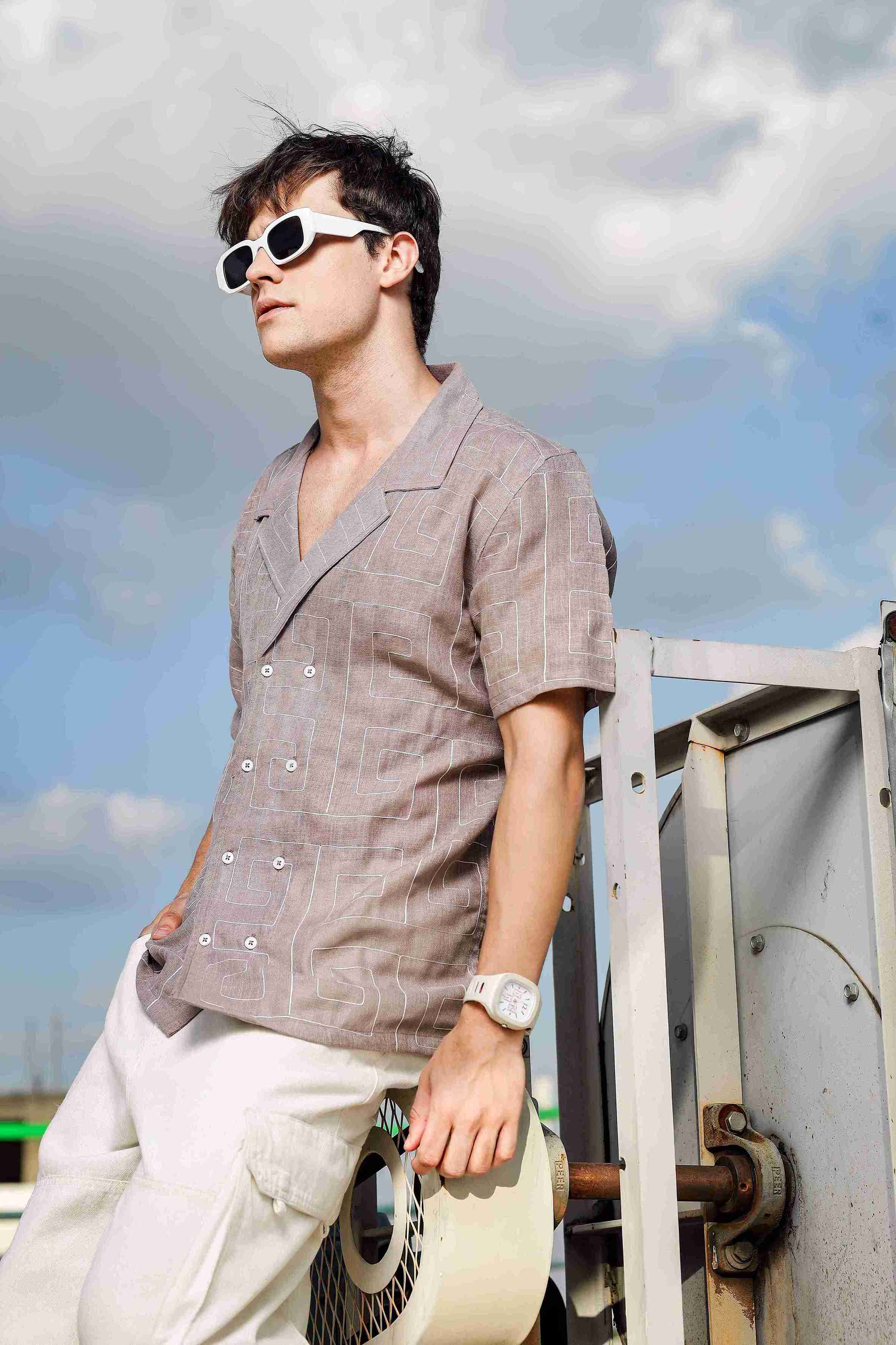 Beige Linen Blend Embroidered Korean Notched Lapel Collar Oversized Fit Shirt