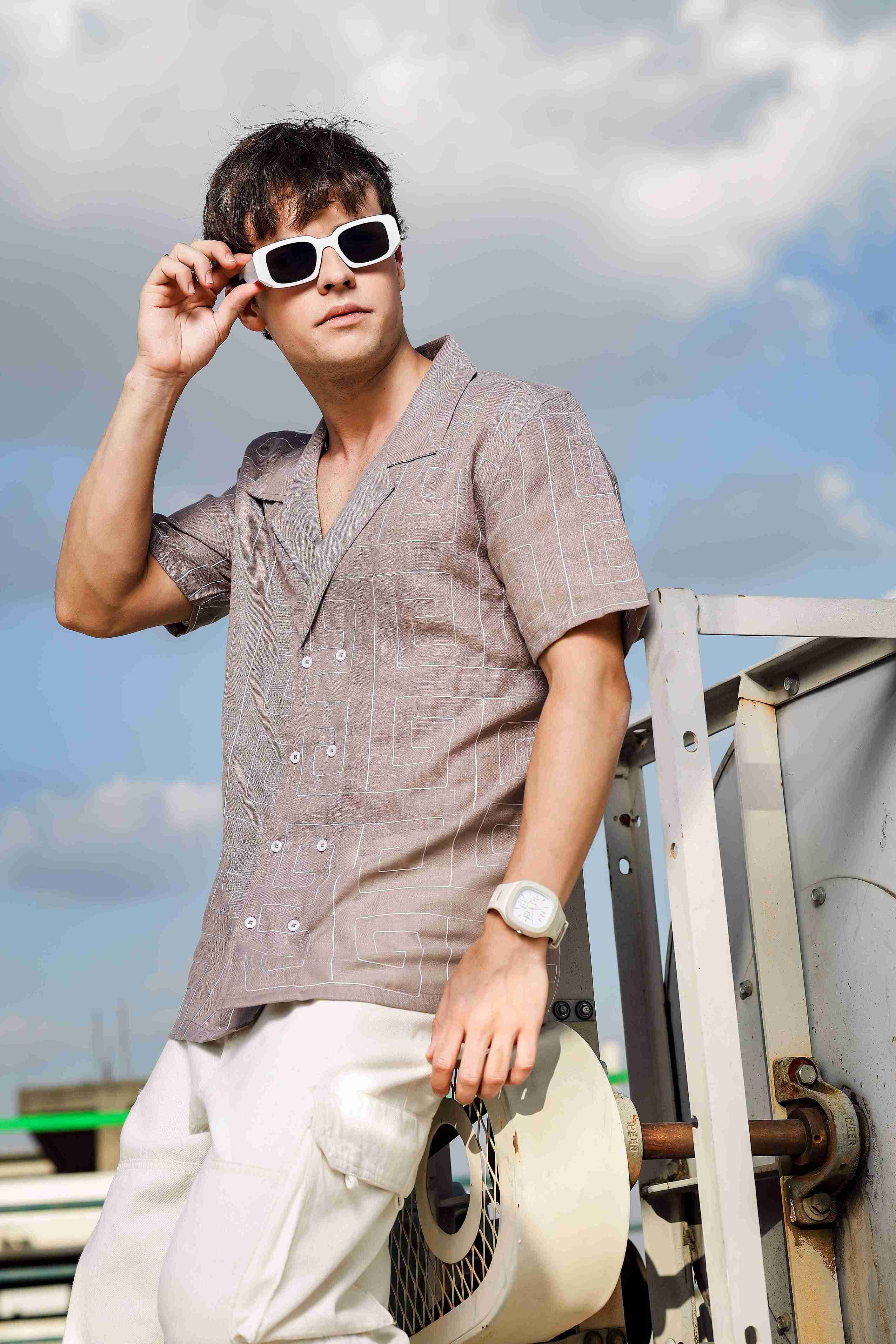 Beige Linen Blend Embroidered Korean Notched Lapel Collar Oversized Fit Shirt