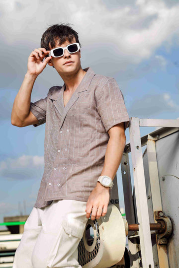 Beige Linen Blend Embroidered Korean Notched Lapel Collar Oversized Fit Shirt