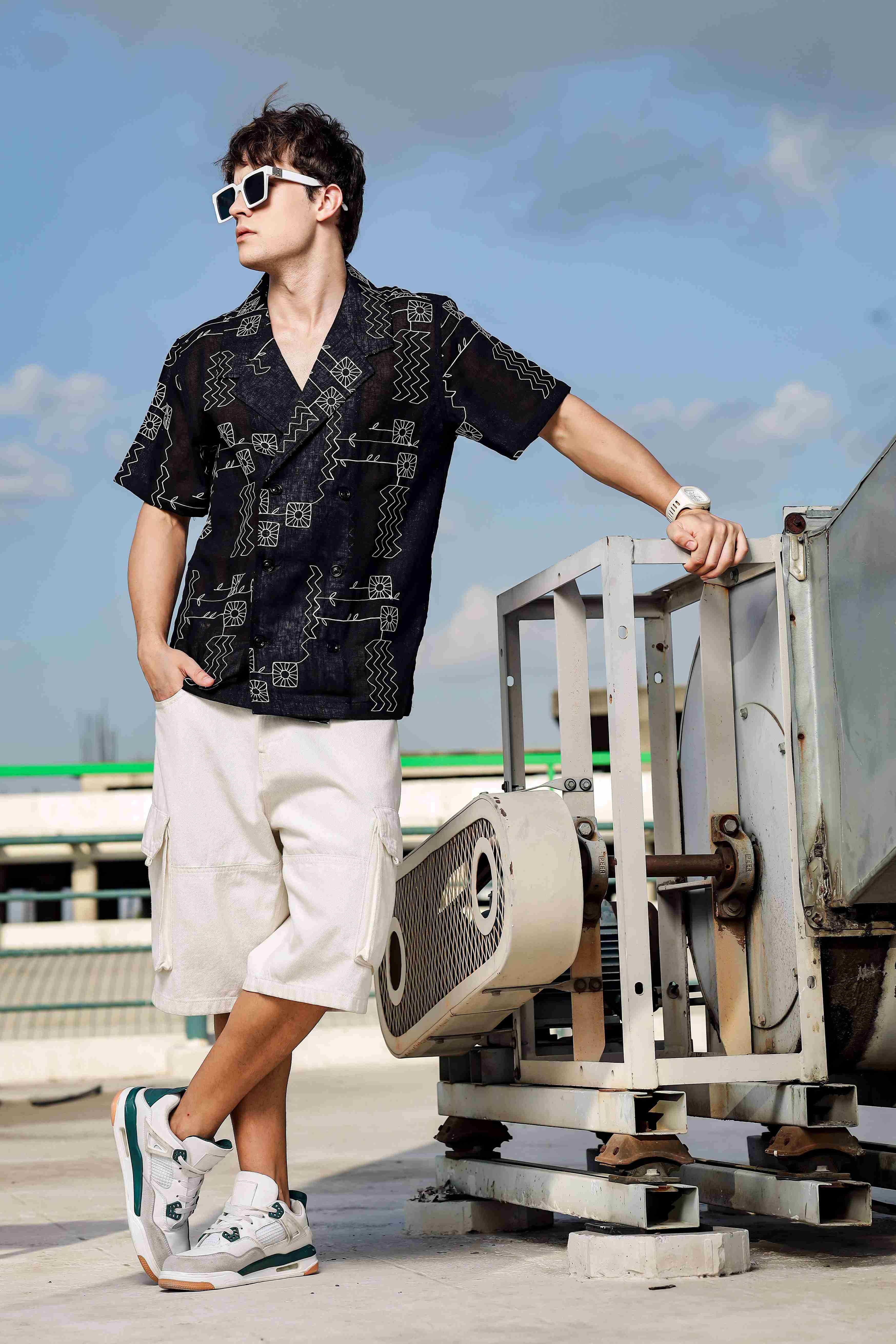 Linen Blend Black Korean Notched Lapel Collar Resort Shirt