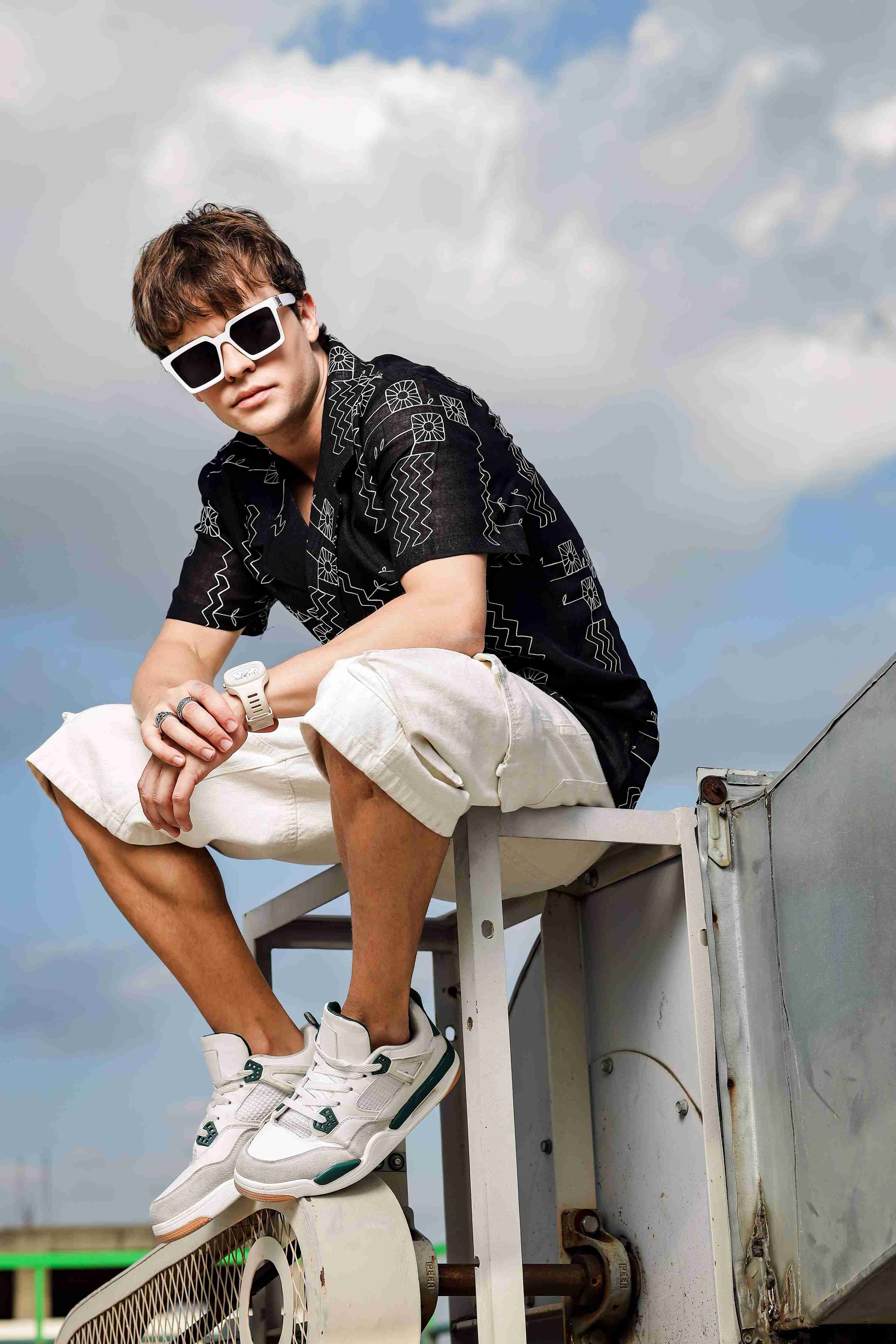 Linen Blend Black Korean Notched Lapel Collar Resort Shirt