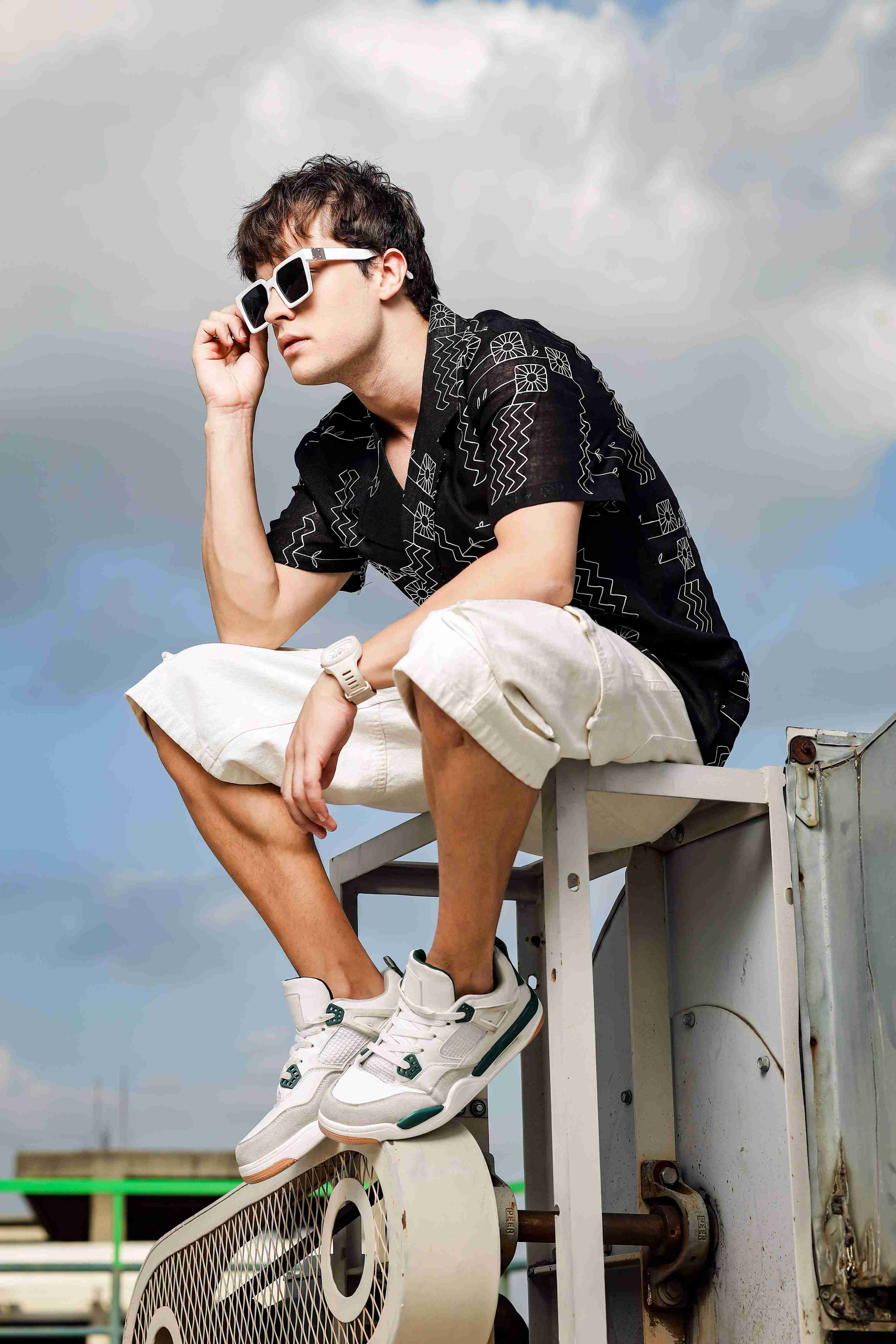 Linen Blend Black Korean Notched Lapel Collar Resort Shirt