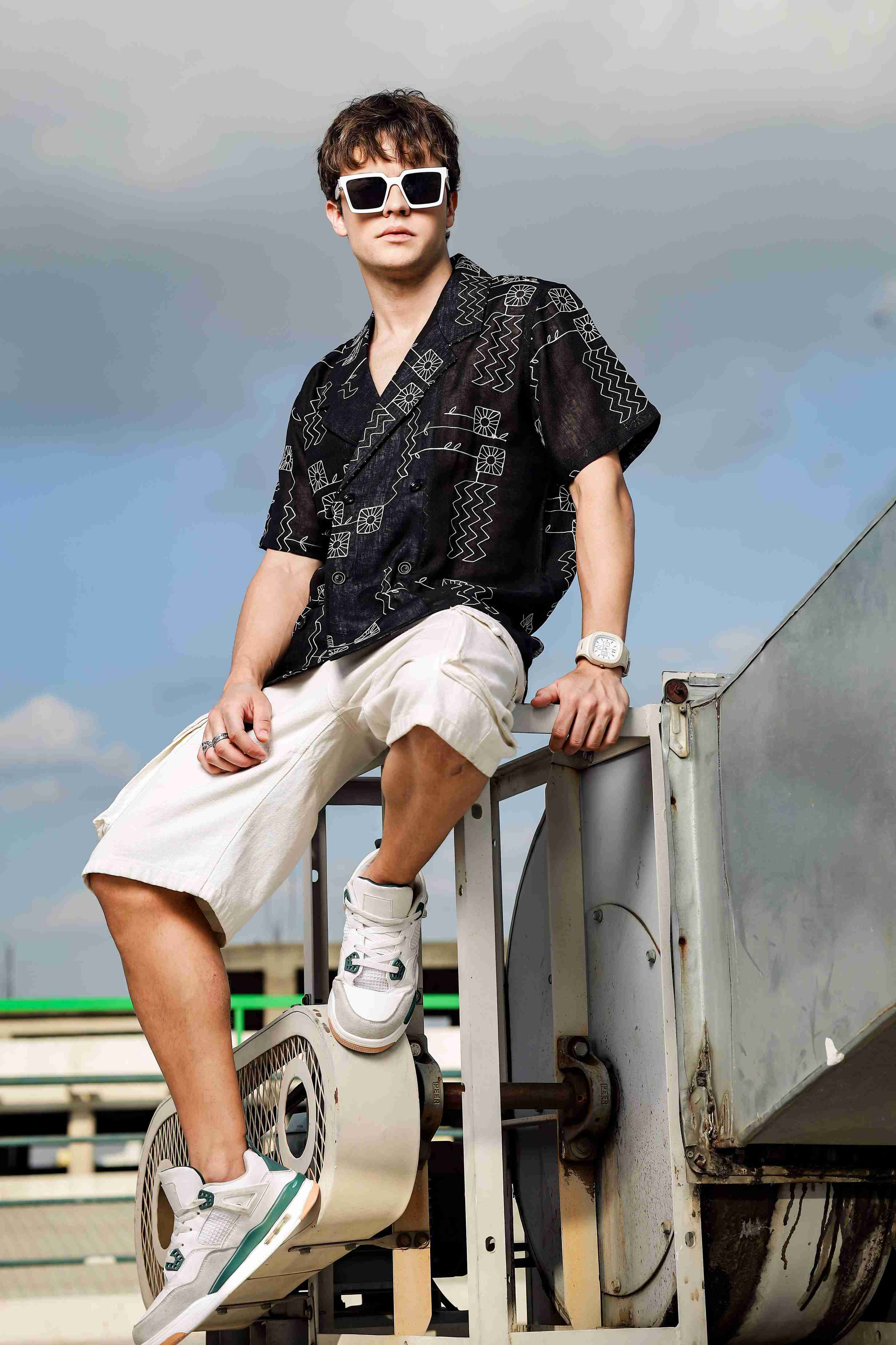 Linen Blend Black Korean Notched Lapel Collar Resort Shirt