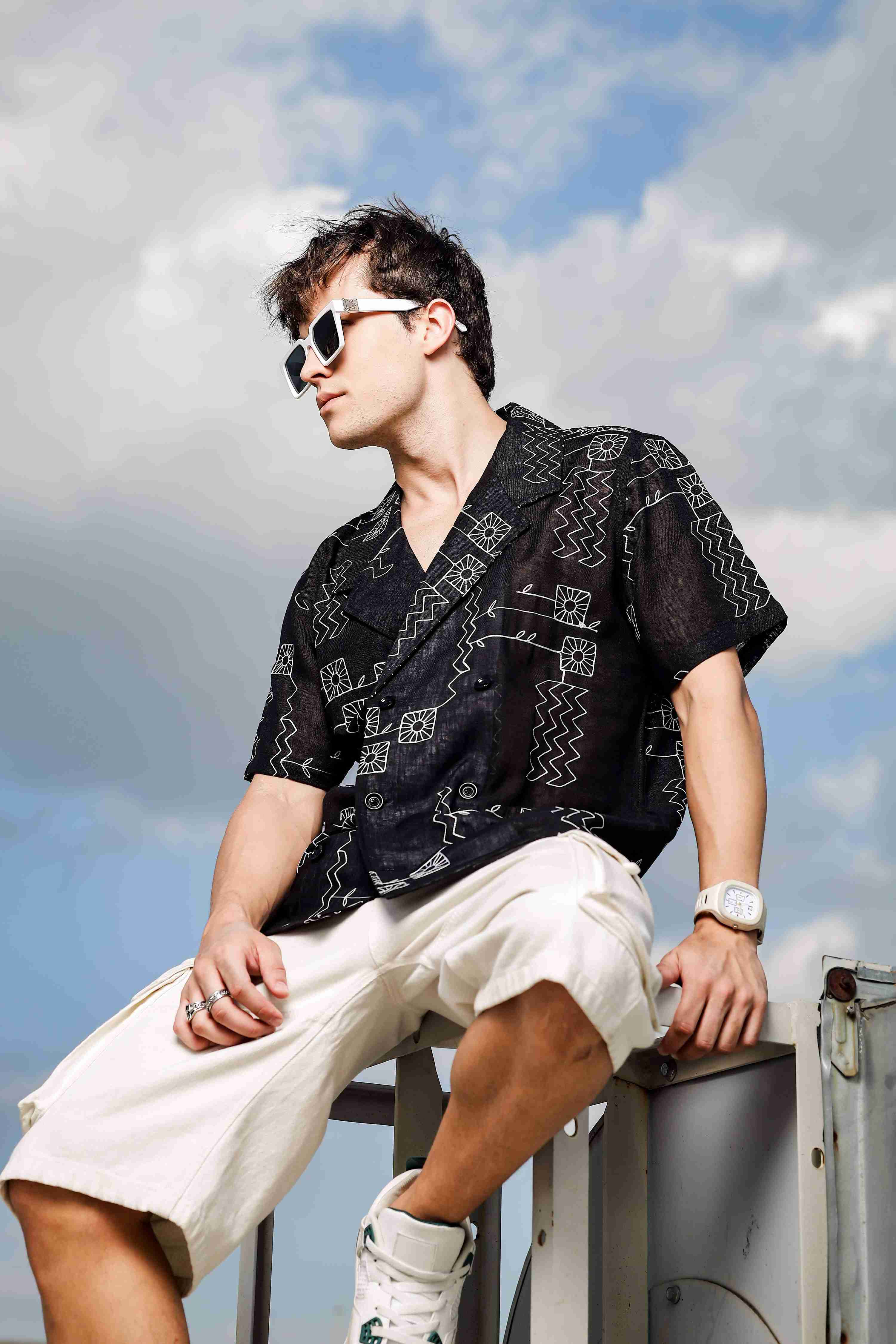 Linen Blend Black Korean Notched Lapel Collar Resort Shirt