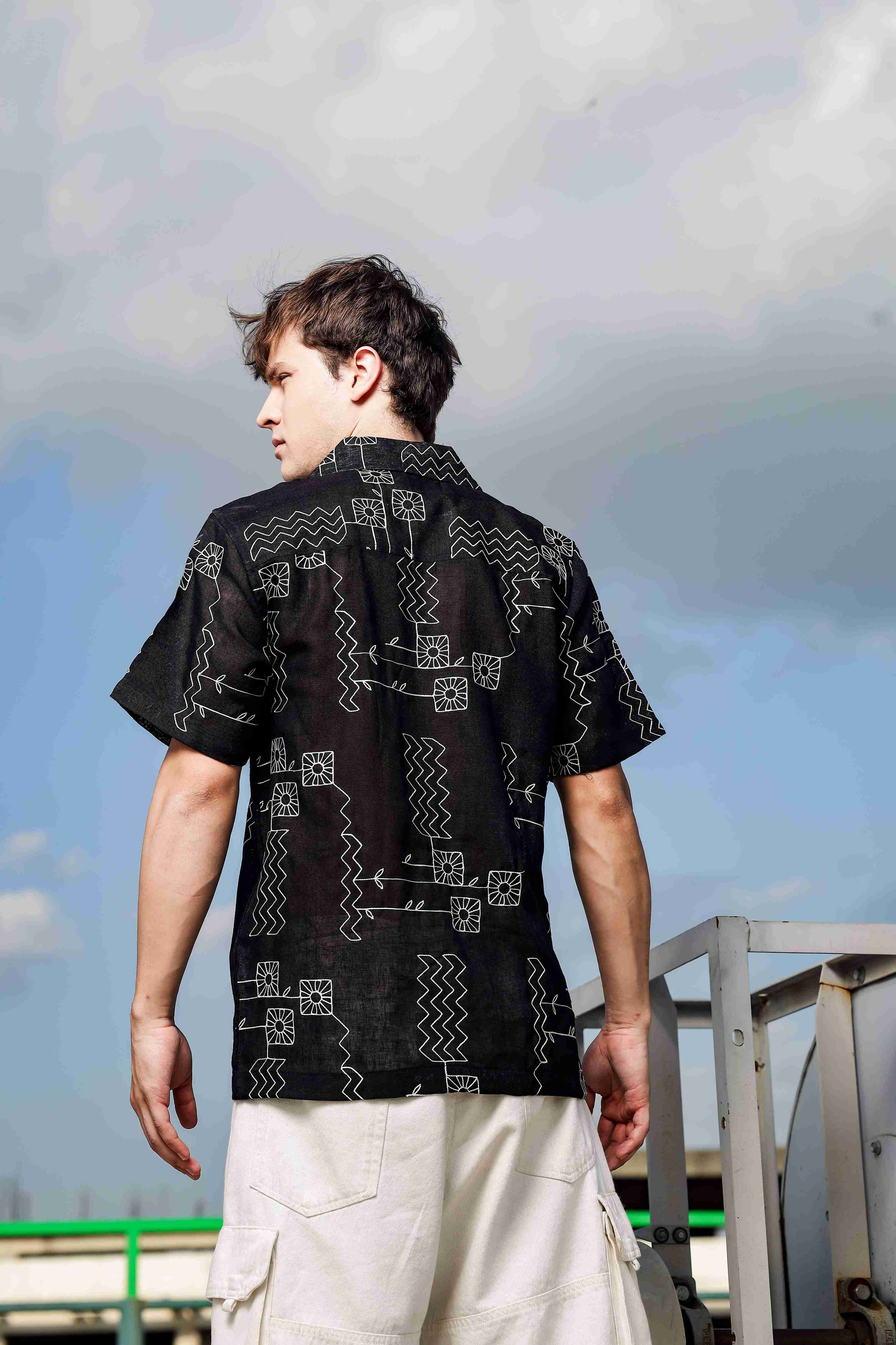 Linen Blend Black Korean Notched Lapel Collar Resort Shirt