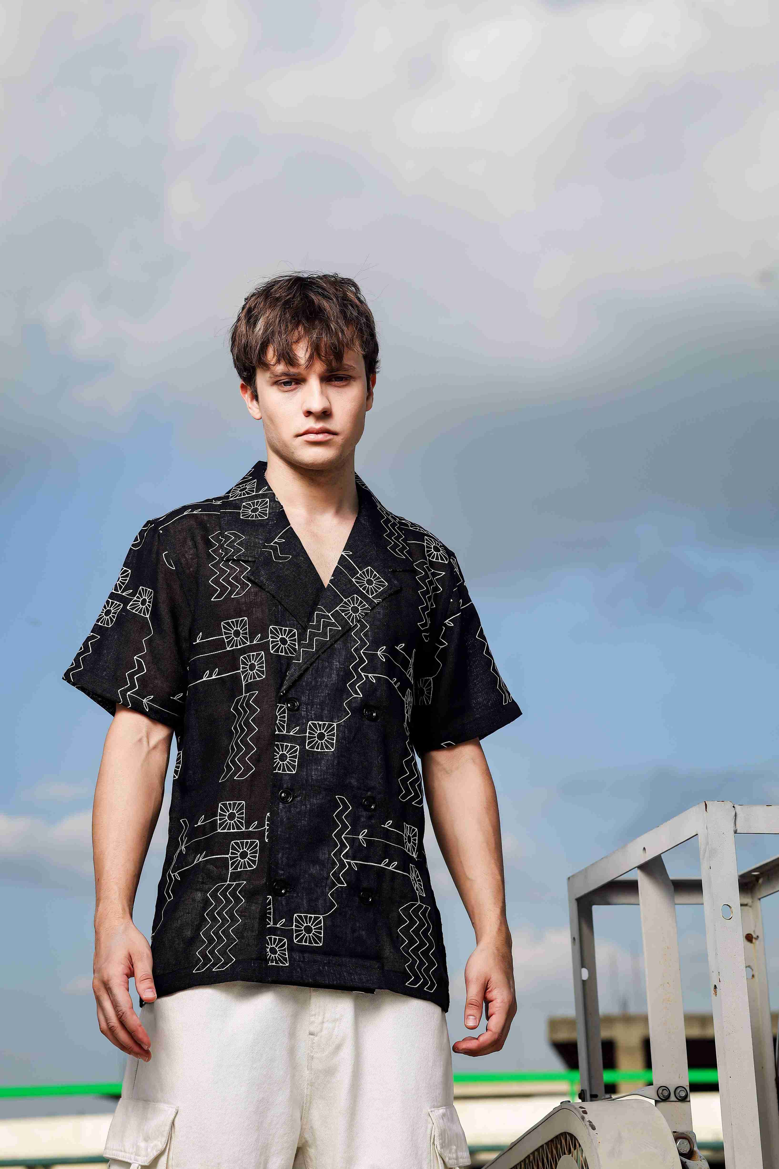 Linen Blend Black Korean Notched Lapel Collar Resort Shirt