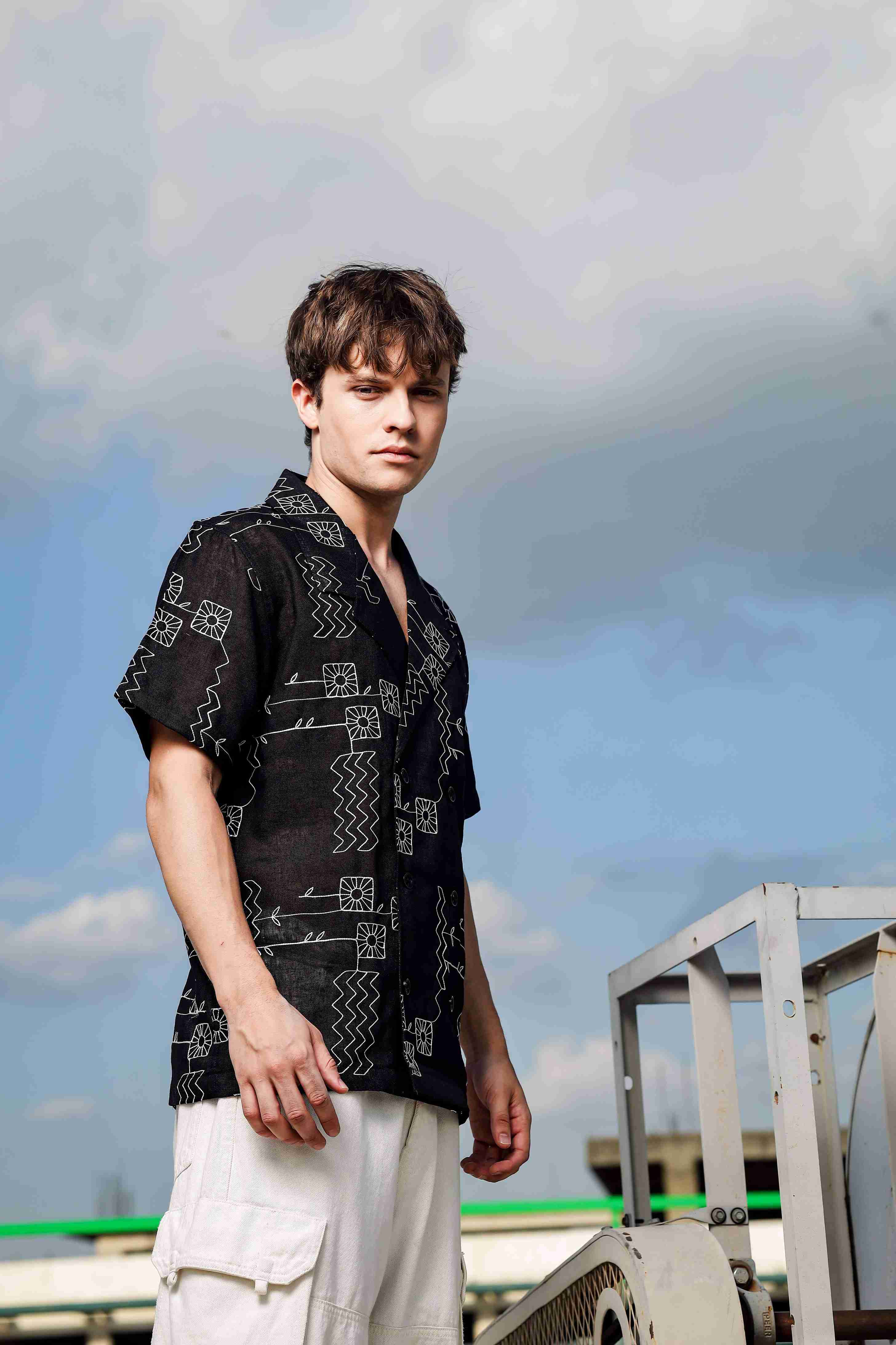 Linen Blend Black Korean Notched Lapel Collar Resort Shirt