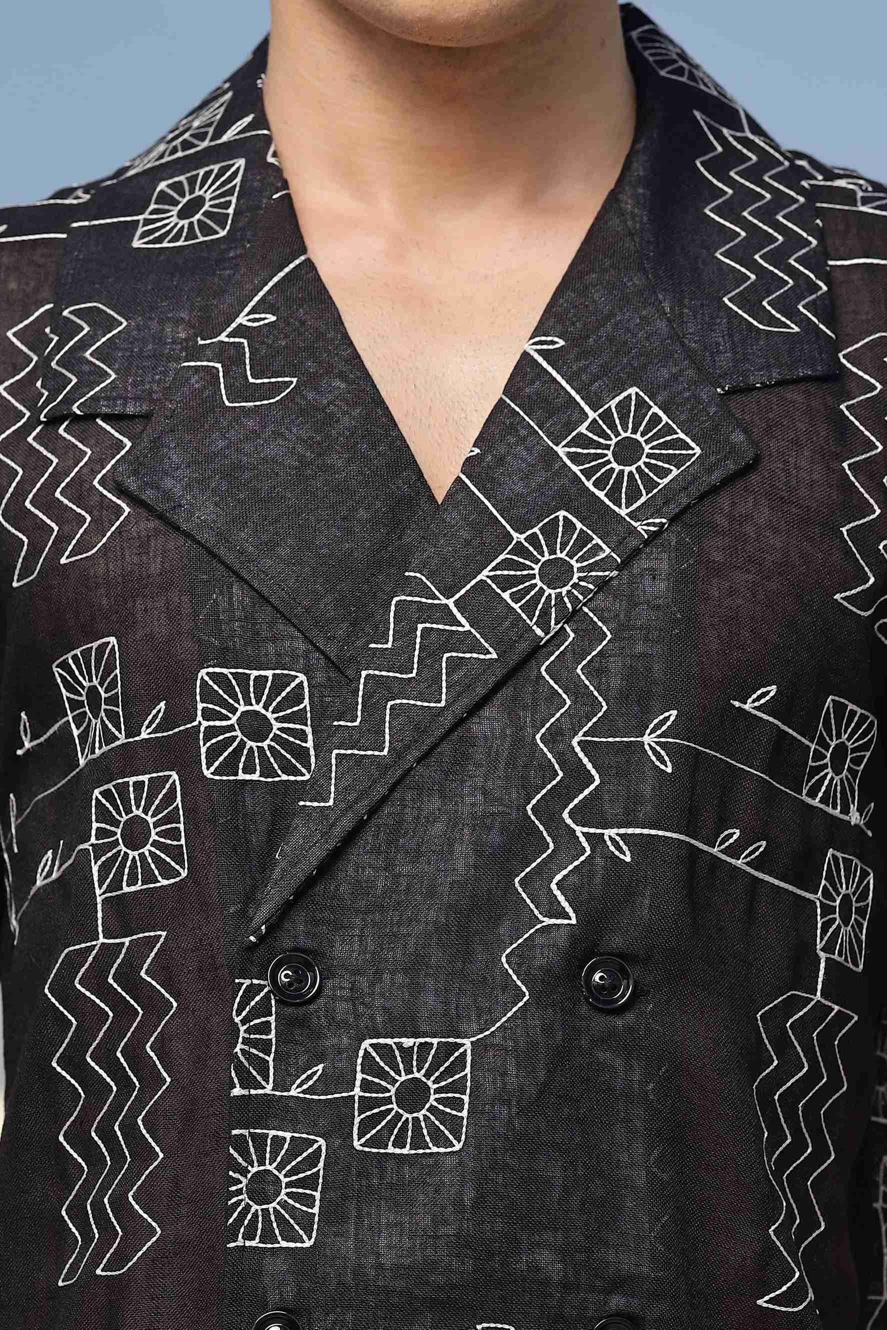 Linen Blend Black Korean Notched Lapel Collar Resort Shirt