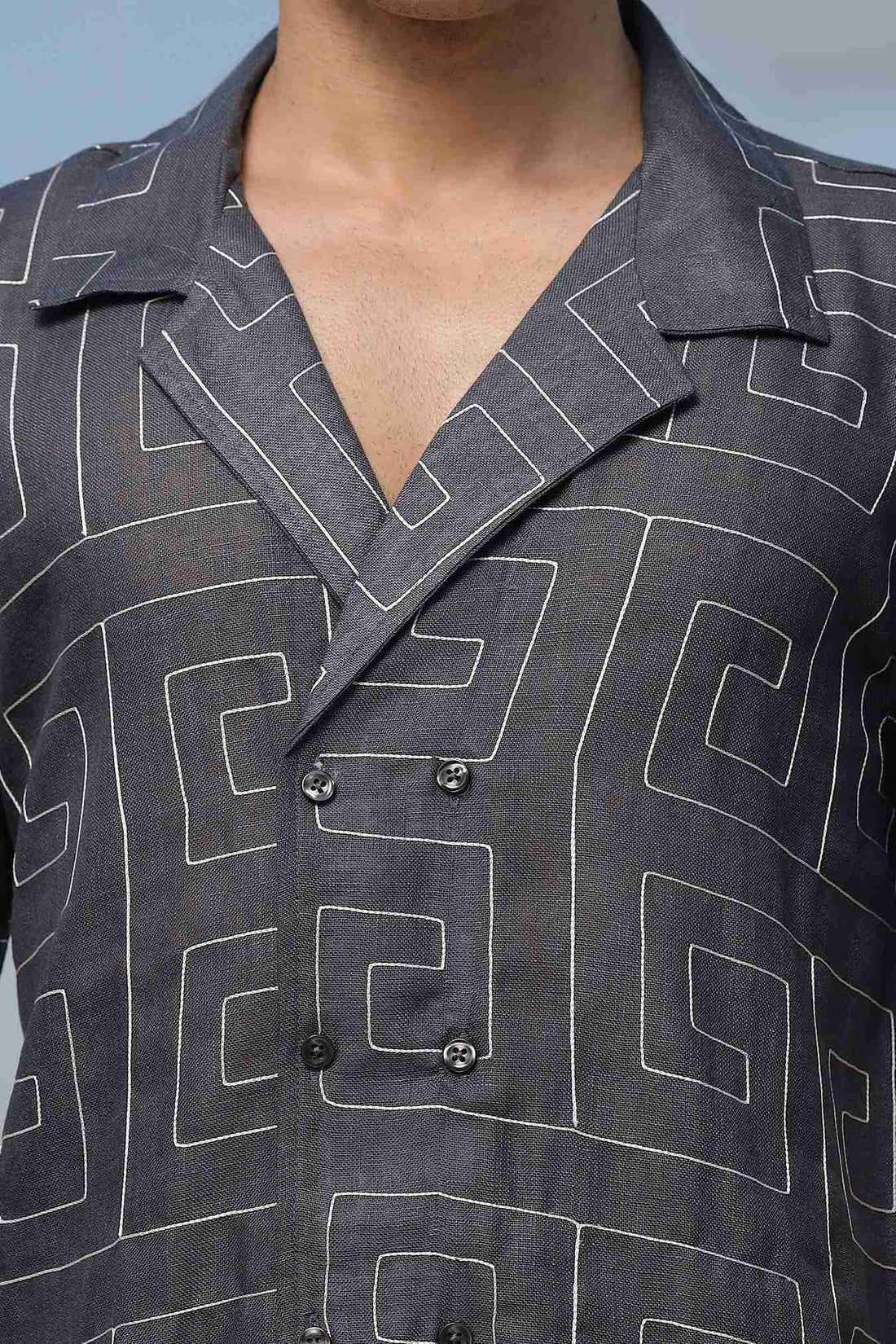 Grey Linen Blend Embroidered  Korean Notched Lapel Collar Oversized Fit Shirt