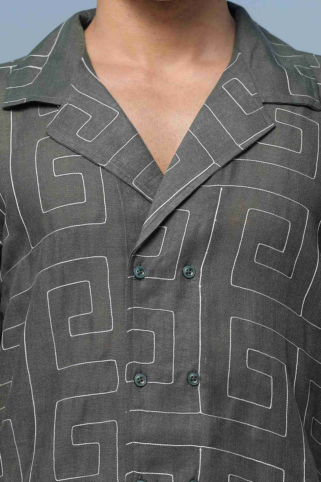 Linen Blend Embroidered Olive Korean Cuban Collar Resort Shirt