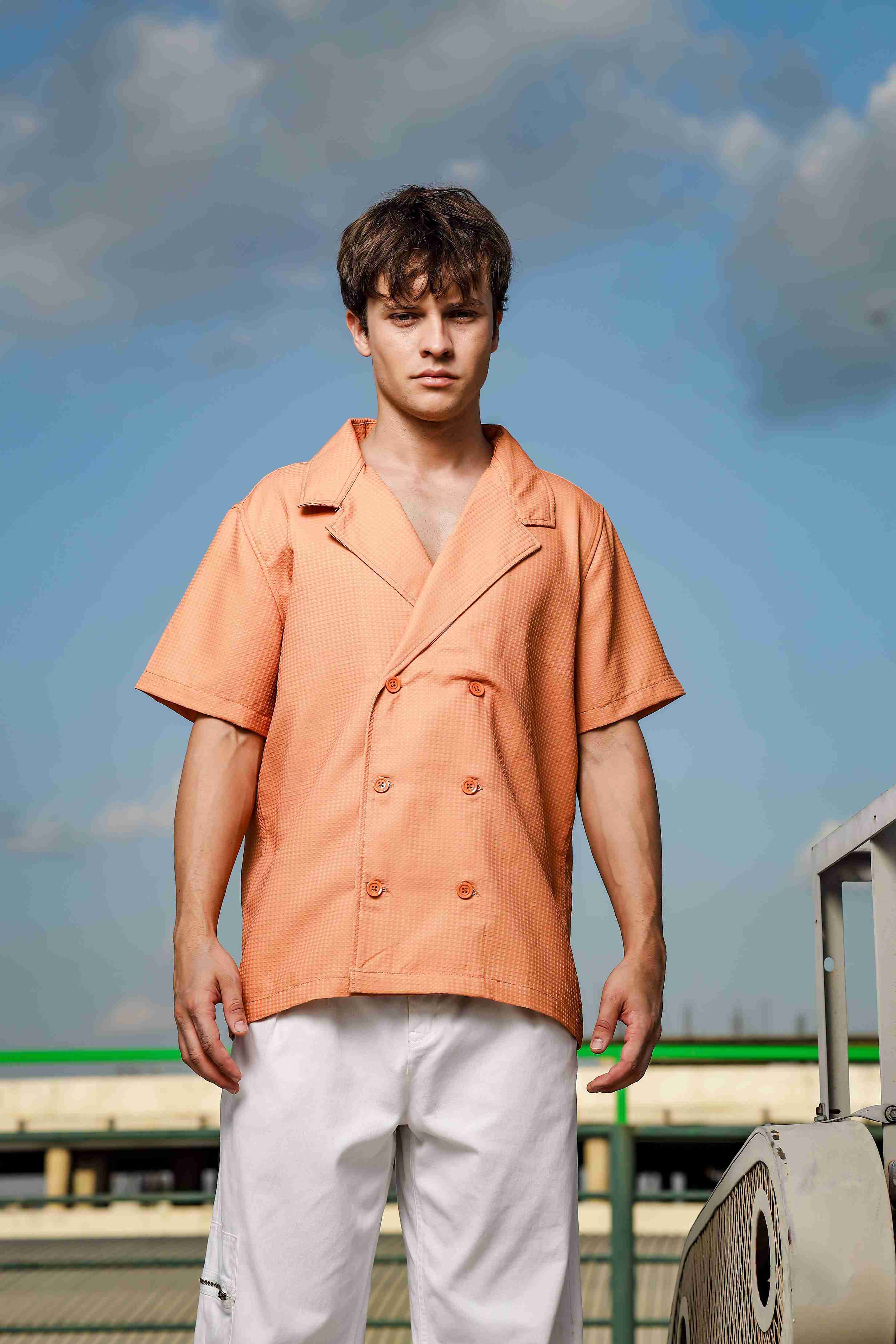 Brown Color Notched Lapel Textured Fabric Shirt & All Day Lounge Pants Co-ord Set