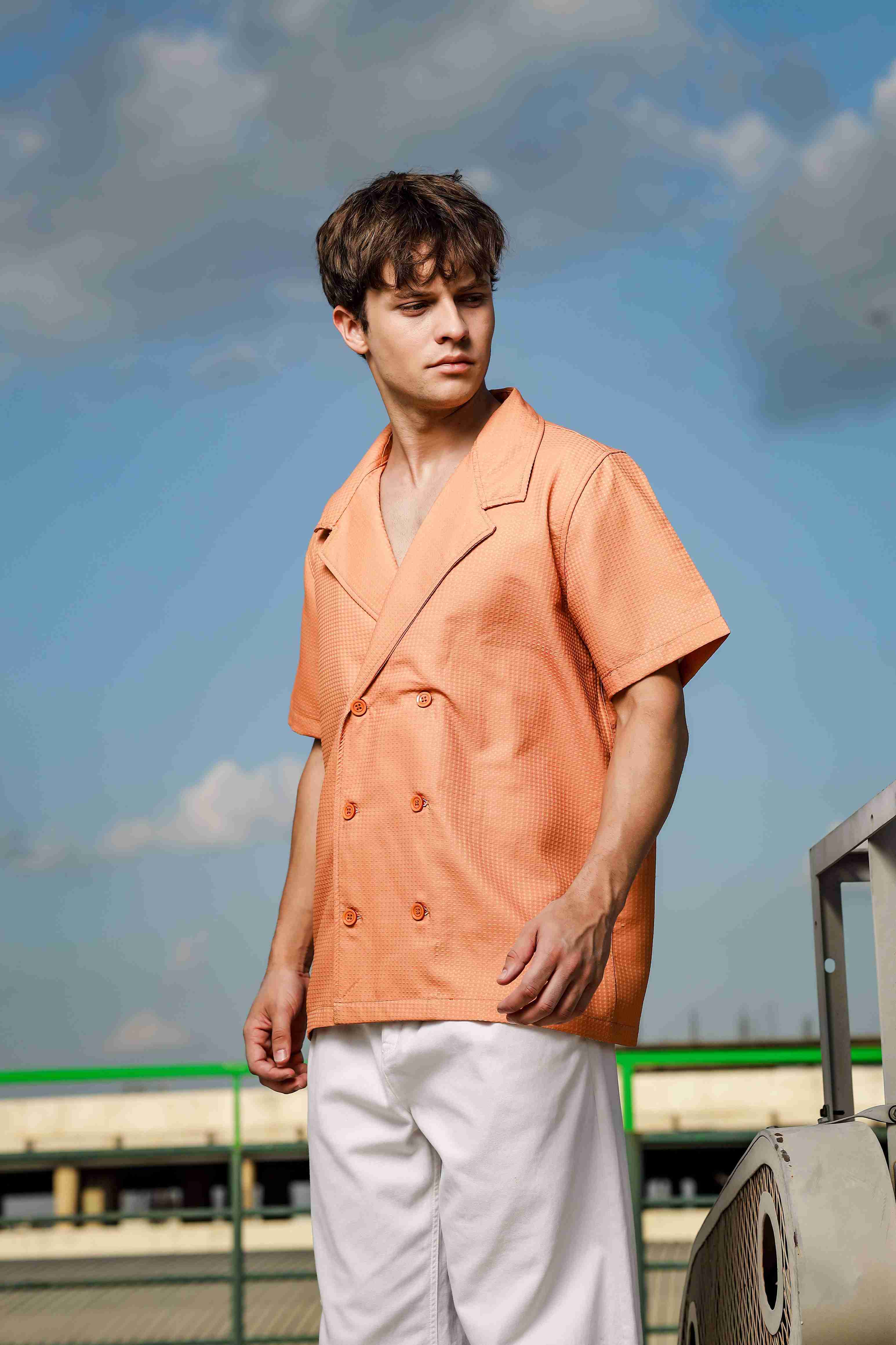 Brown Color Notched Lapel Textured Fabric Shirt & All Day Lounge Pants Co-ord Set