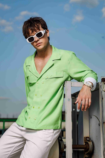 Lime Green Textured Notched Lapel Collar Regular Fit Korean Shacket Shirt
