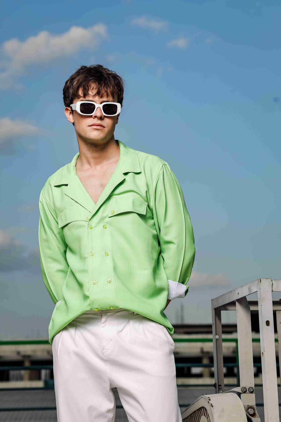 Lime Green Textured Notched Lapel Collar Regular Fit Korean Shacket Shirt