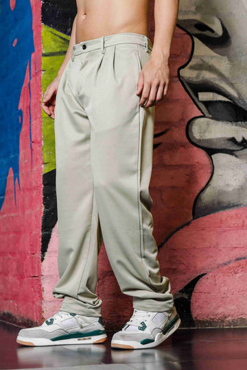Beige Baggy fit Double Pleated Korean Trousers