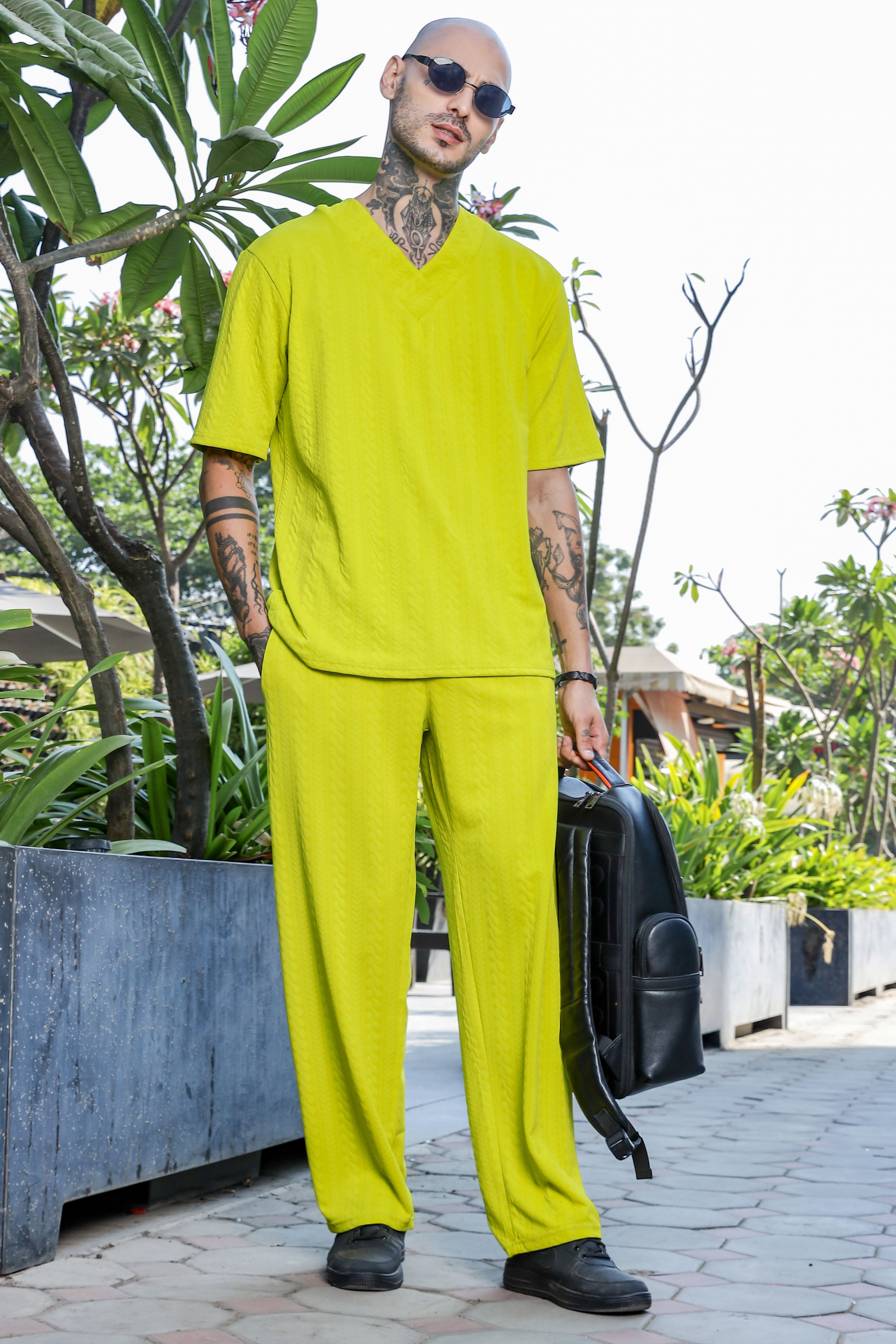 Neon Green Textured Relaxed-Fit Mid-Rise Track Pant