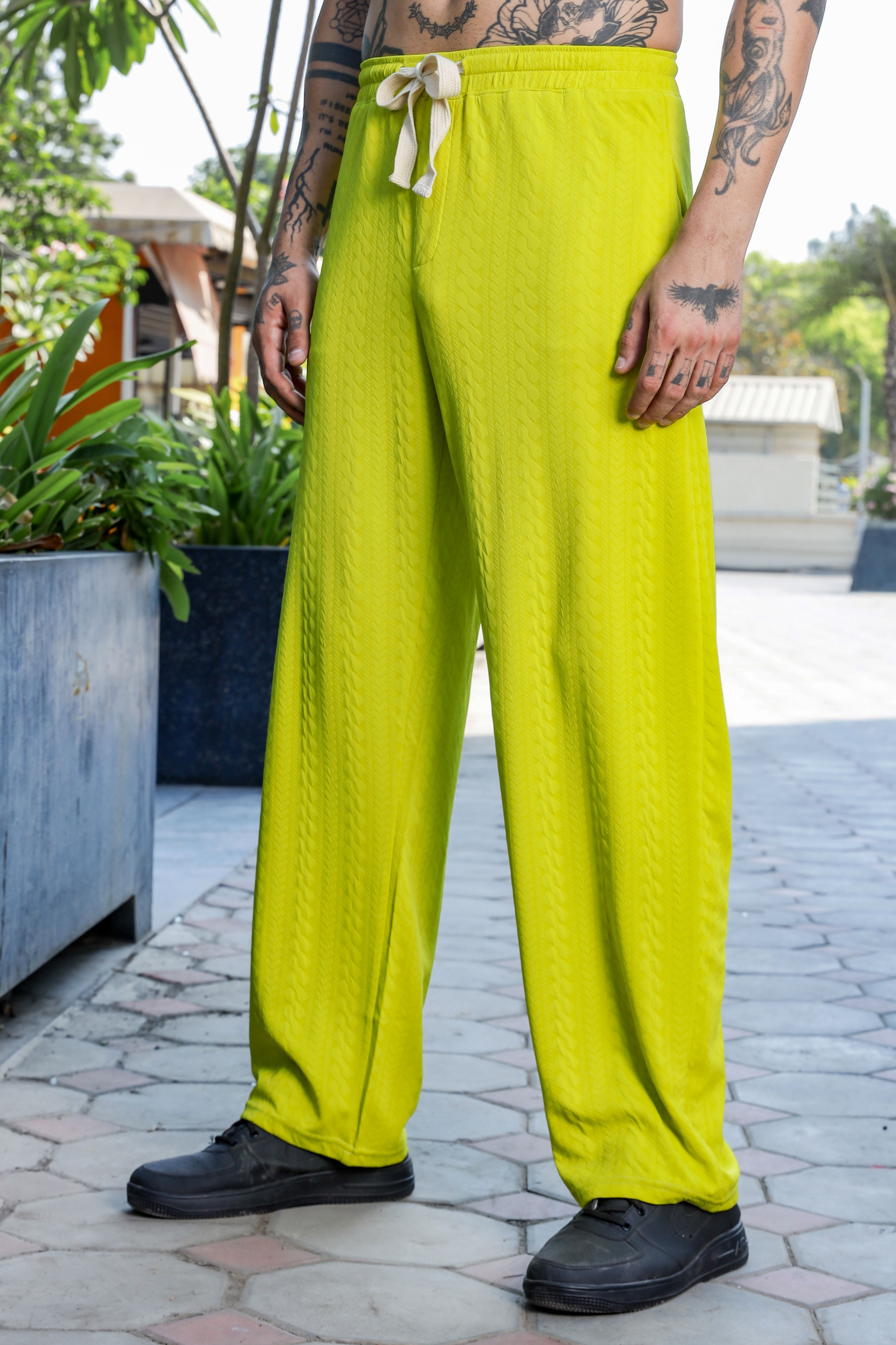 Neon Green Textured Relaxed-Fit Mid-Rise Track Pant