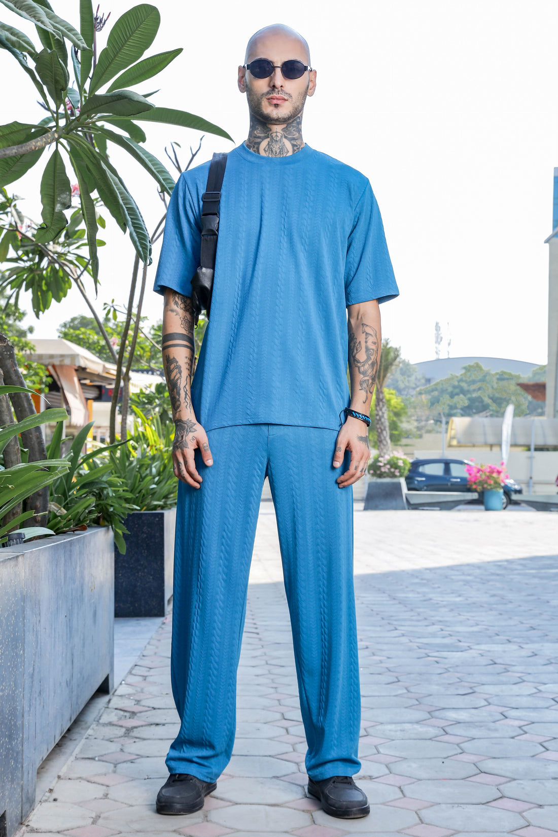 Blue Textured Oversized Round Neck Tee  & Track Pant Co-ord Set