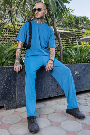 Blue Textured Oversized Round Neck Tee & Track Pant Co-ord Set