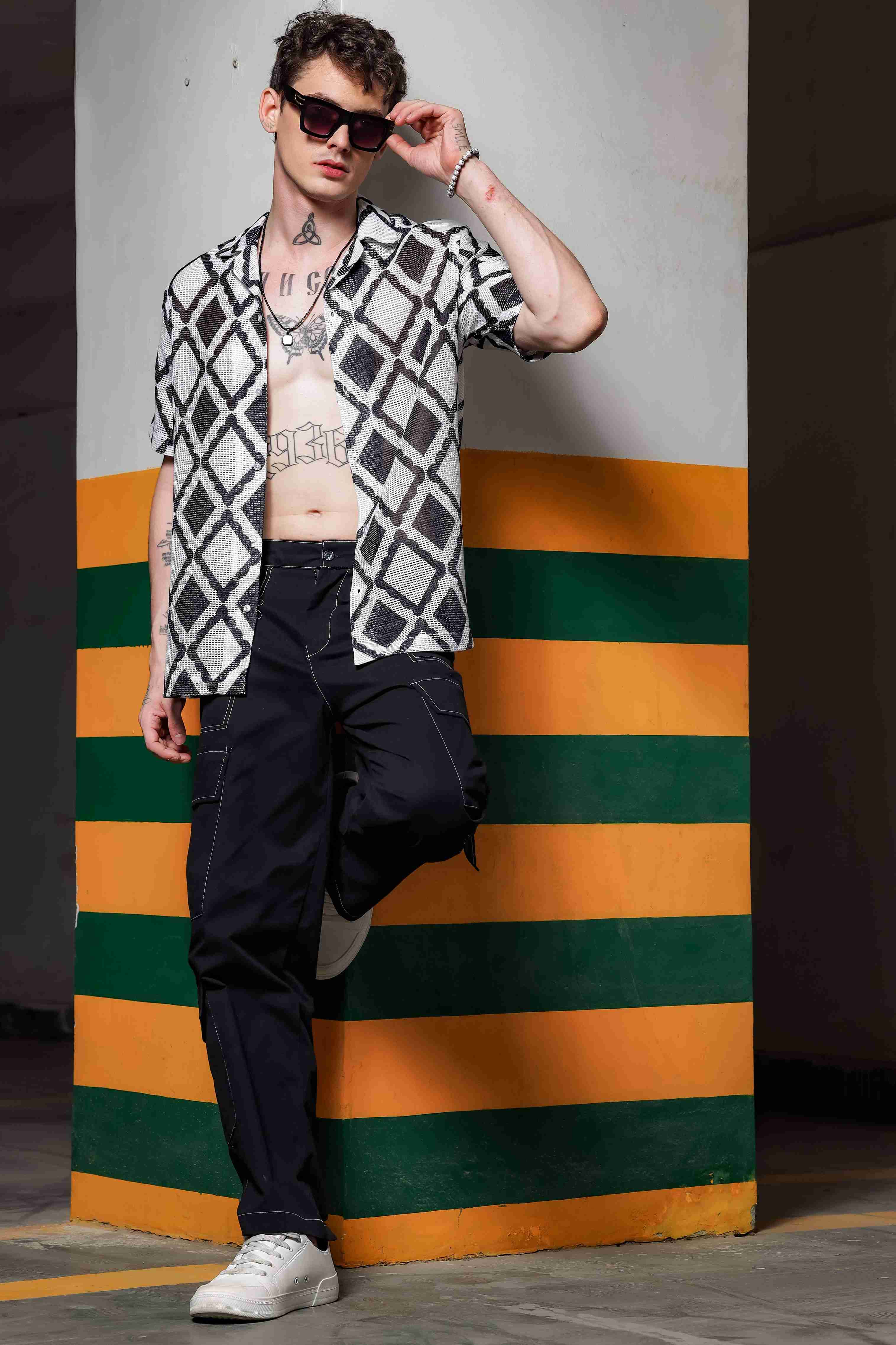 Black Printed Regular Fit Semi Sheer Crochet-Look Resort Shirt