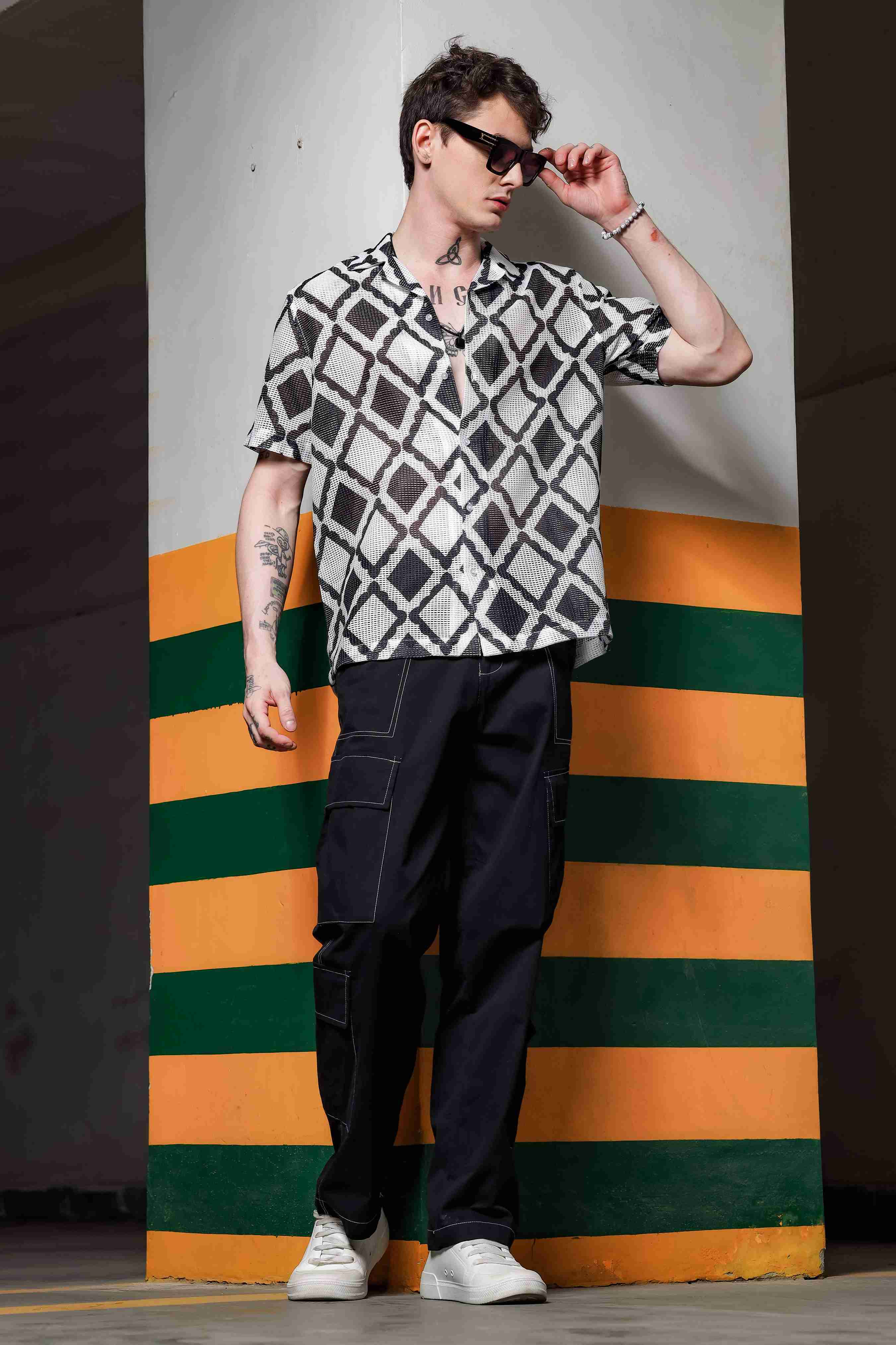 Black Printed Regular Fit Semi Sheer Crochet-Look Resort Shirt