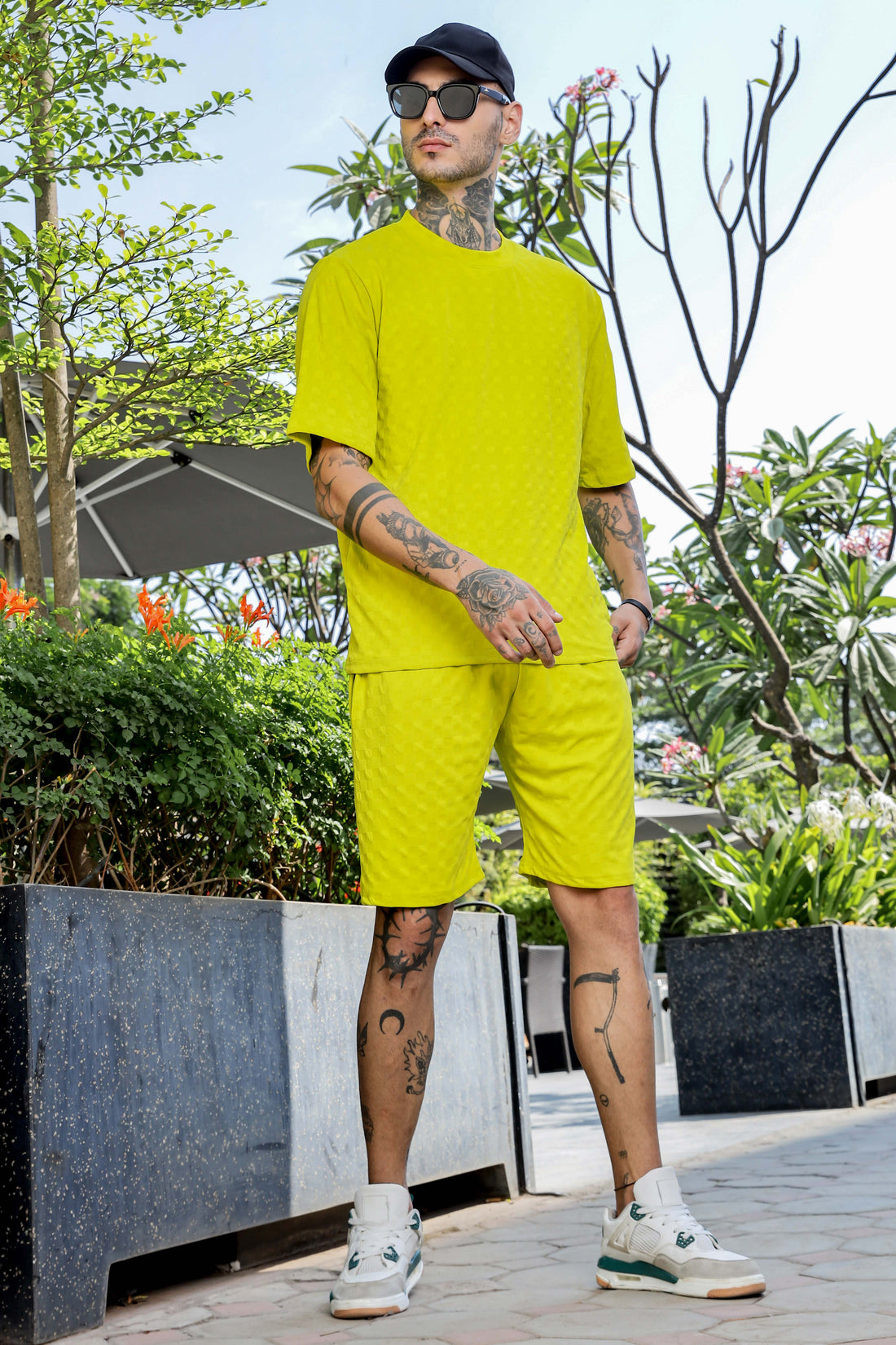 Neon Green Textured Oversized Round Neck Tee  & Shorts Co-ord Set