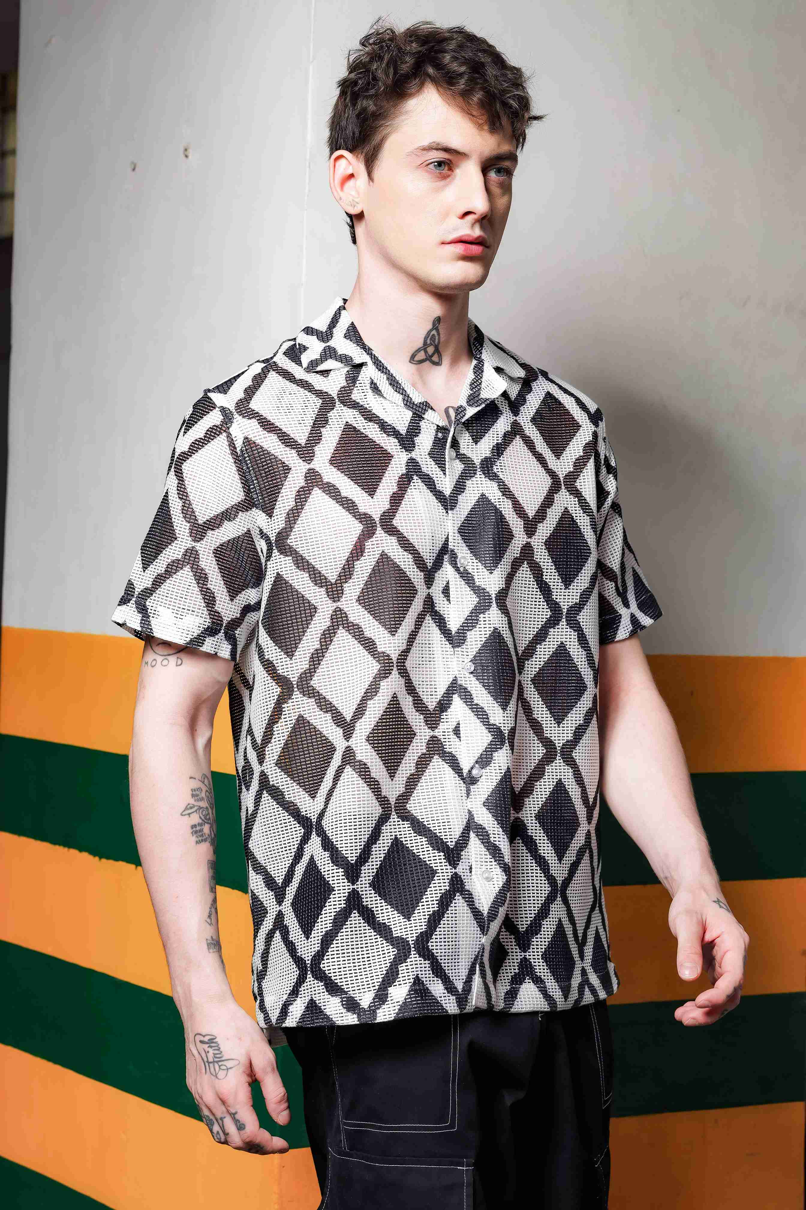 Black Printed Regular Fit Semi Sheer Crochet-Look Resort Shirt