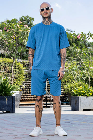 Blue Textured Oversized Round Neck Tee & Shorts Co-ord Set