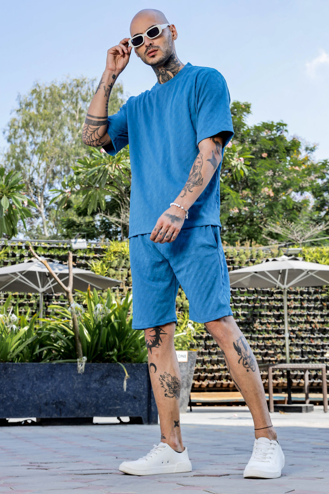 Blue Textured Oversized Round Neck Tee  & Shorts Co-ord Set