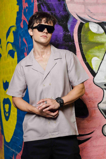 Grey Korean Fit Notched Lapel Collar Shirt