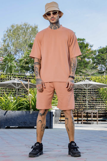 Brown Textured Oversized Round Neck Tee & Shorts Co-ord Set