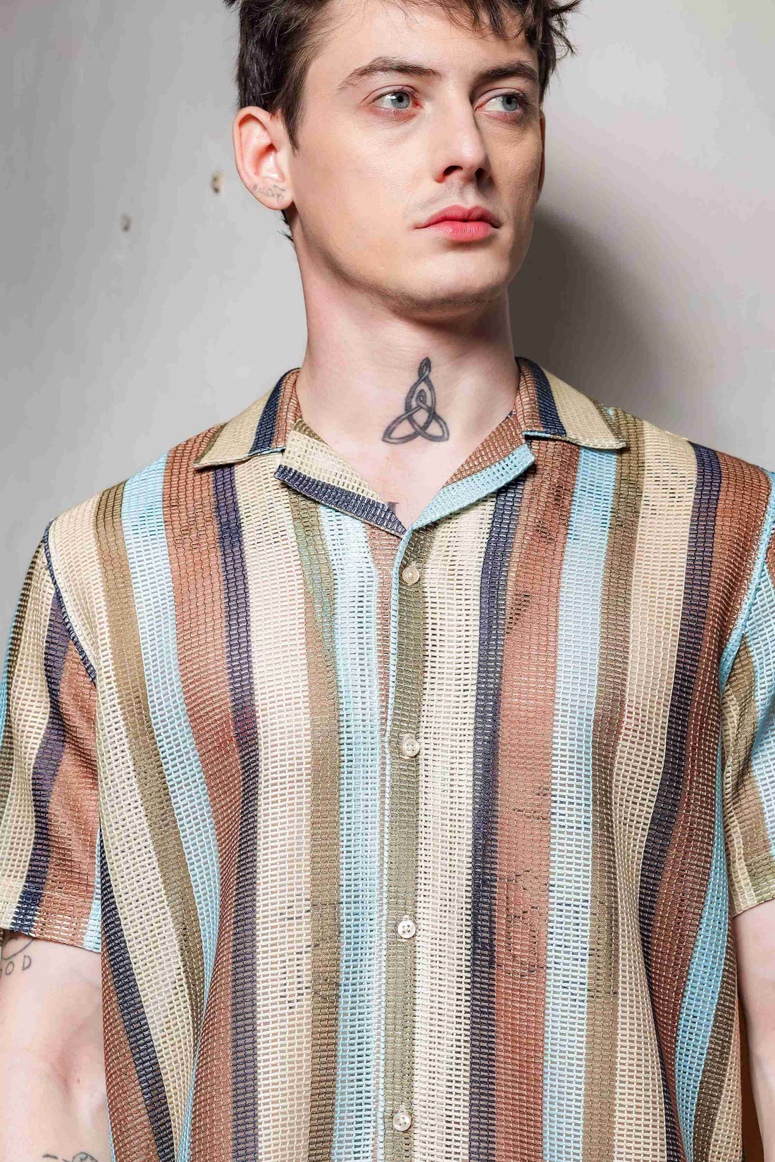 Unisex Regular Fit Brown Striped Semi Sheer Crochet-Look Resort Shirt