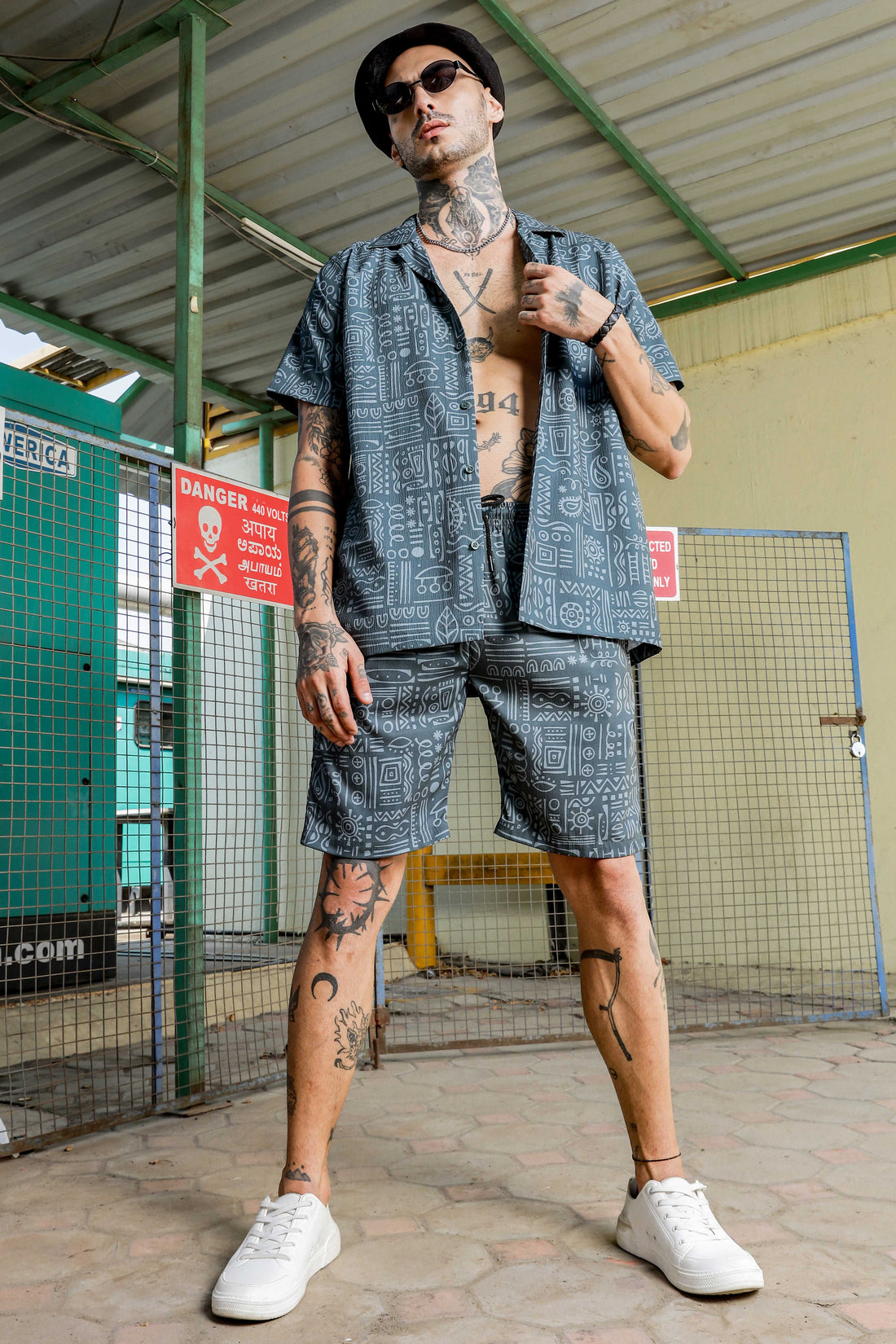 Grey Geometric Printed Cuban Collar Resort Shirt & Shorts Textured Printed Co-ord Set