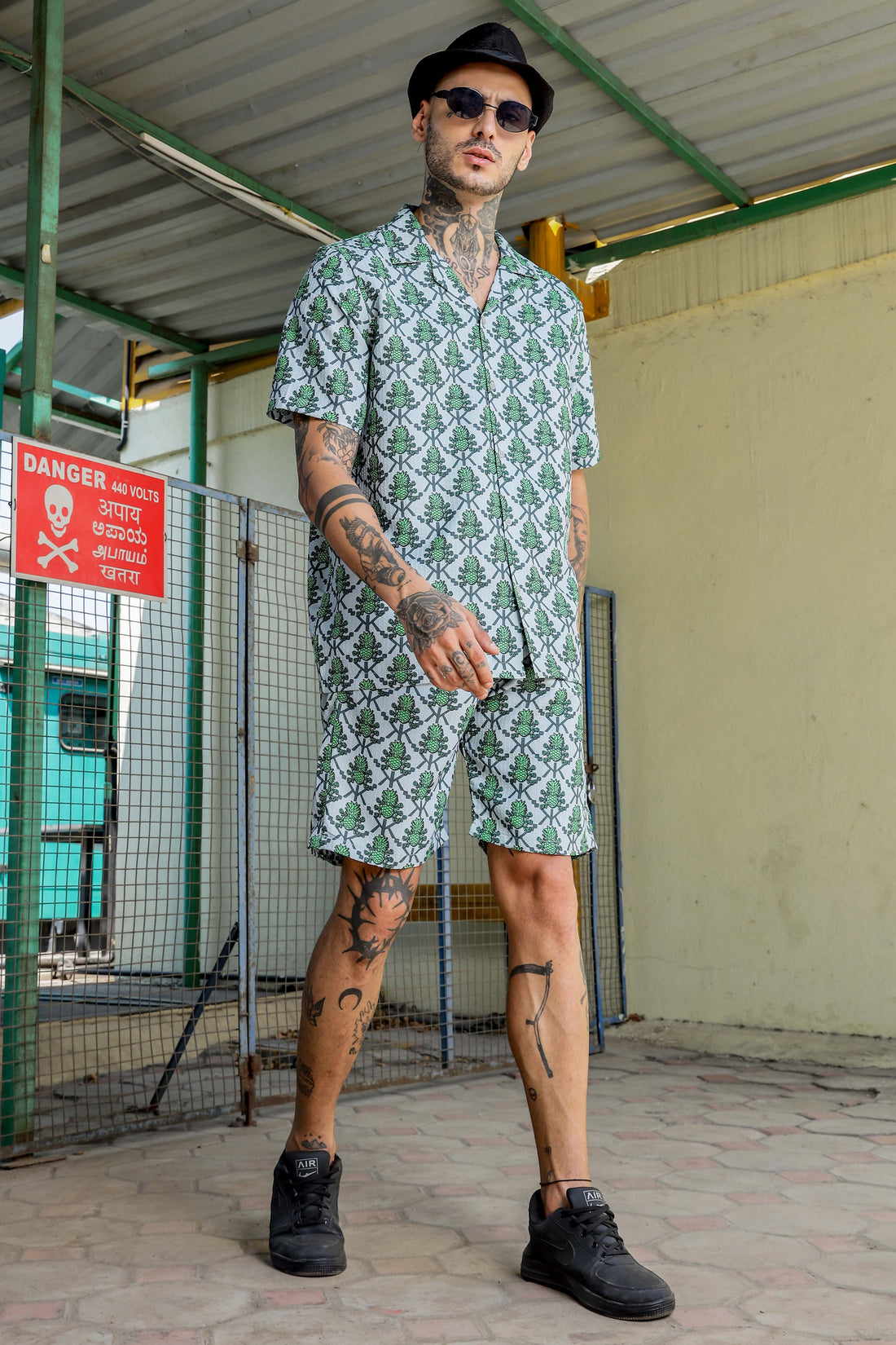 Green Pineapple Tropical Printed Cuban Collar Resort Shirt & Shorts Textured Co-ord Set