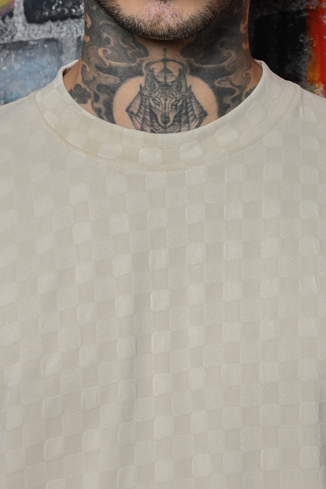Off White Textured Oversized Round Neck Tee  & Shorts Co-ord Set