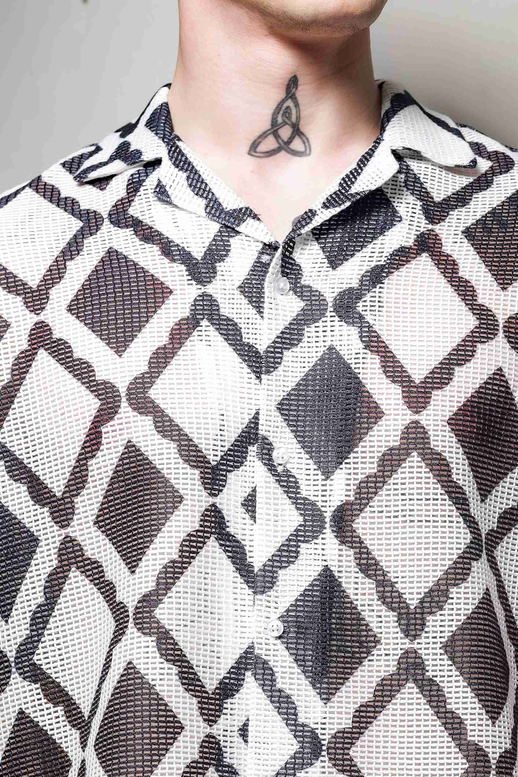 Black Printed Regular Fit Semi Sheer Crochet-Look Resort Shirt