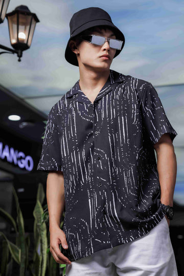 Unisex Black Abstract Printed Crinkled Fabric Cuban Collar Relaxed Fit Resort Shirt