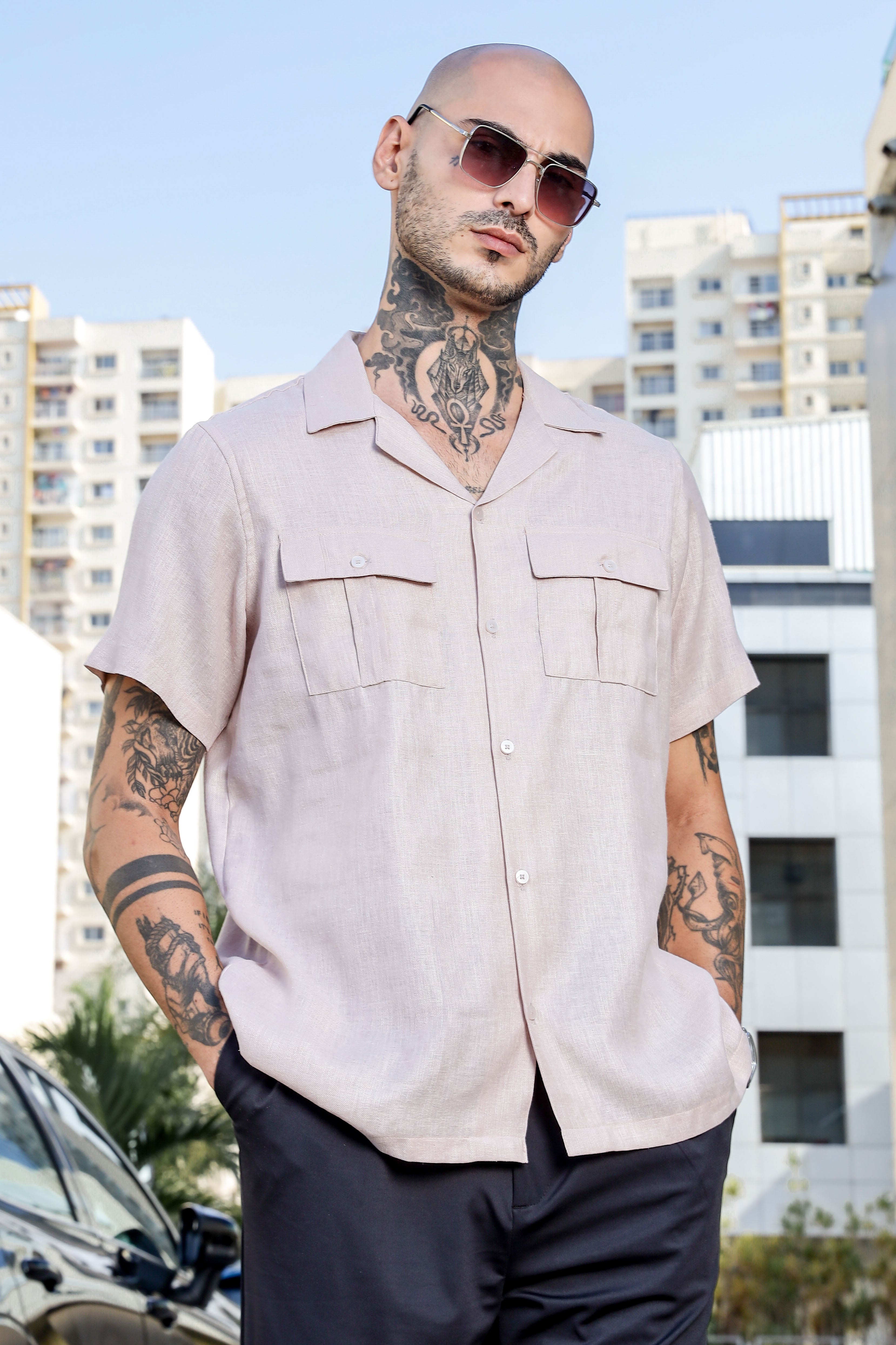 Pink Linen Blend Cuban Collar Classic Relaxed Fit  Shirt