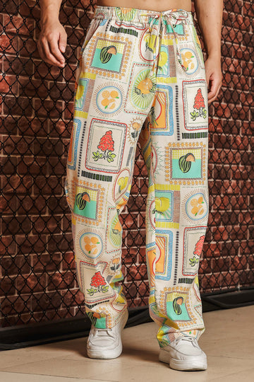 Unisex Beige Printed Mid-Rise Lounge Pants