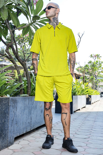 Unisex Lime Green Textured Oversized Polo Neck Tee & Shorts Co-ord Set
