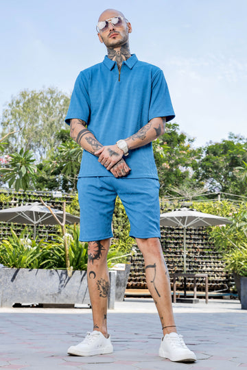 Unisex Blue Textured Oversized Polo Neck Tee & Shorts Co-ord Set