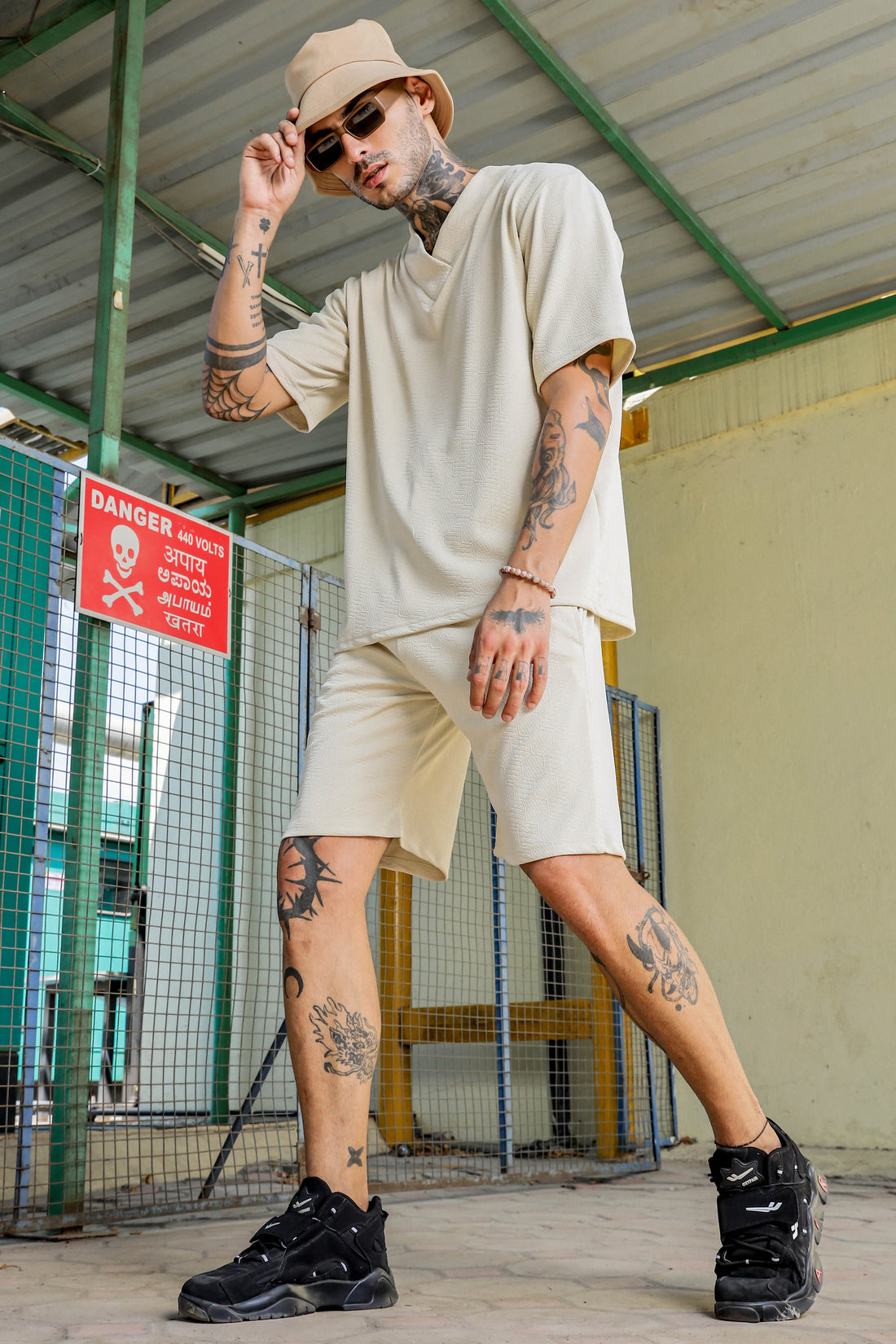 Unisex White Textured Oversized V-Neck Tee & Shorts Co-ord Set